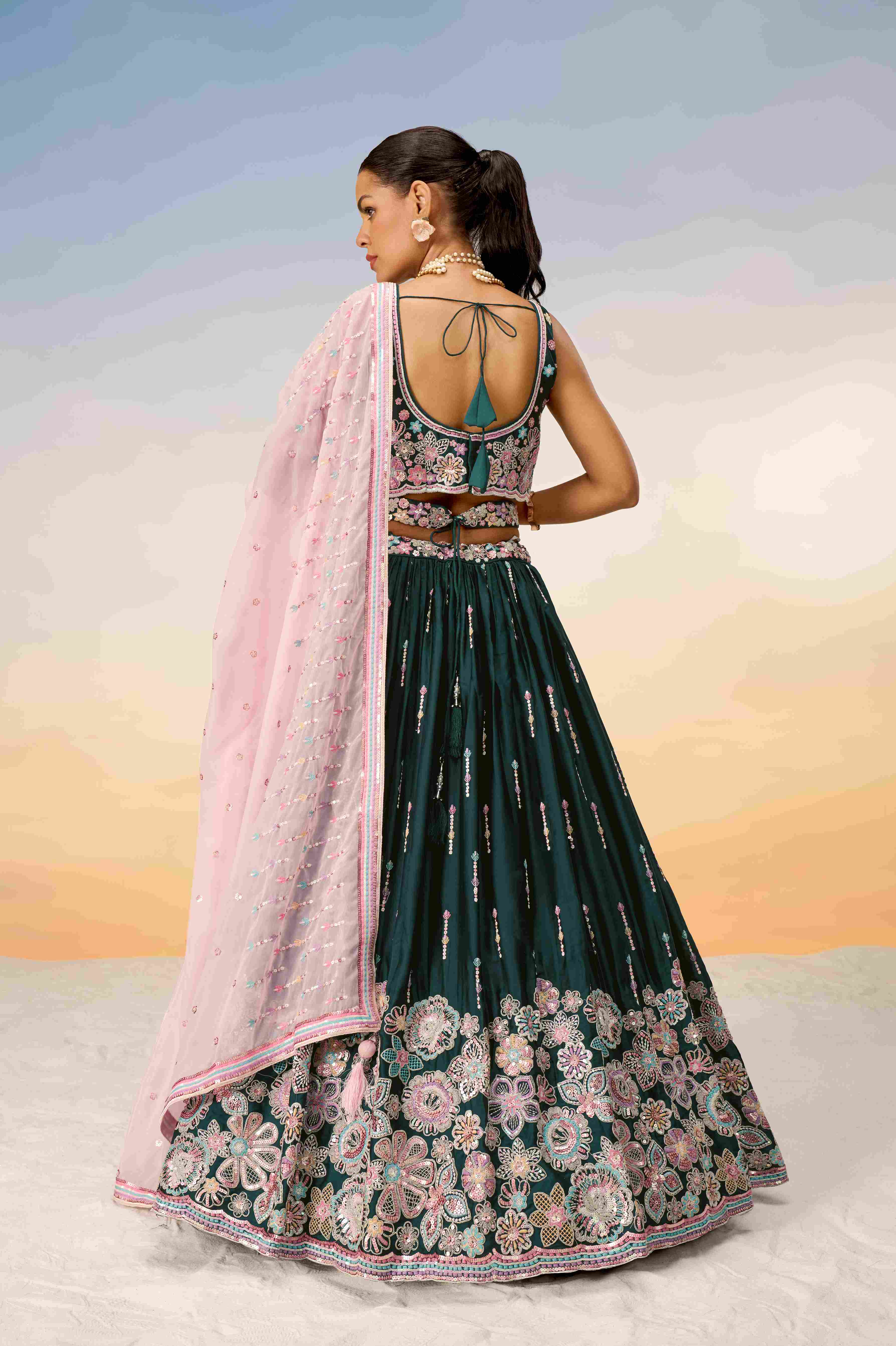 Green Satin Embroidered Lehenga Choli