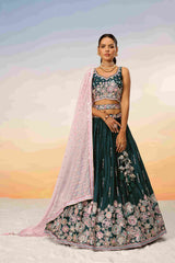 Green Satin Embroidered Lehenga Choli