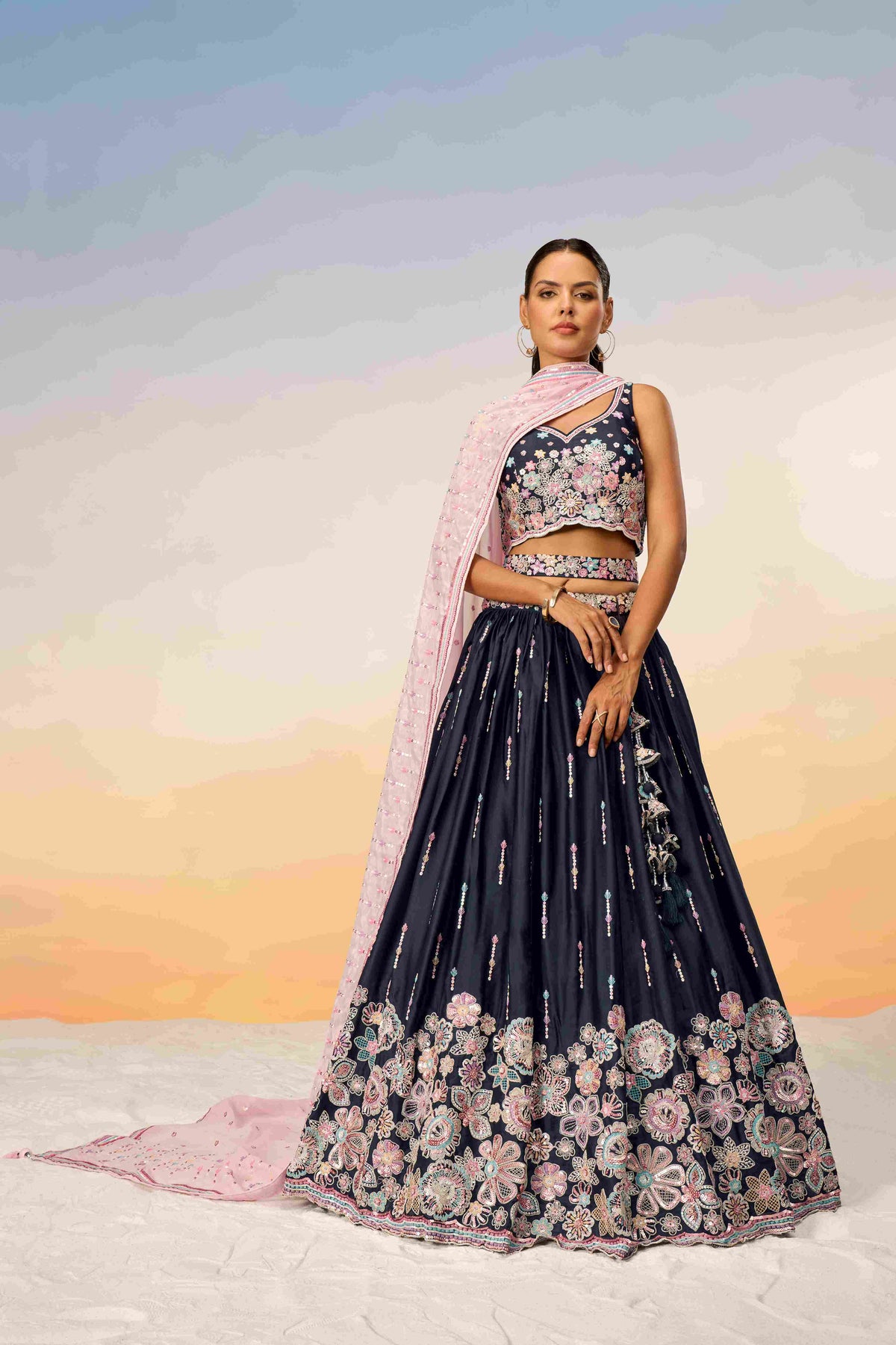 Navy Blue Satin Embroidered Lehenga Choli