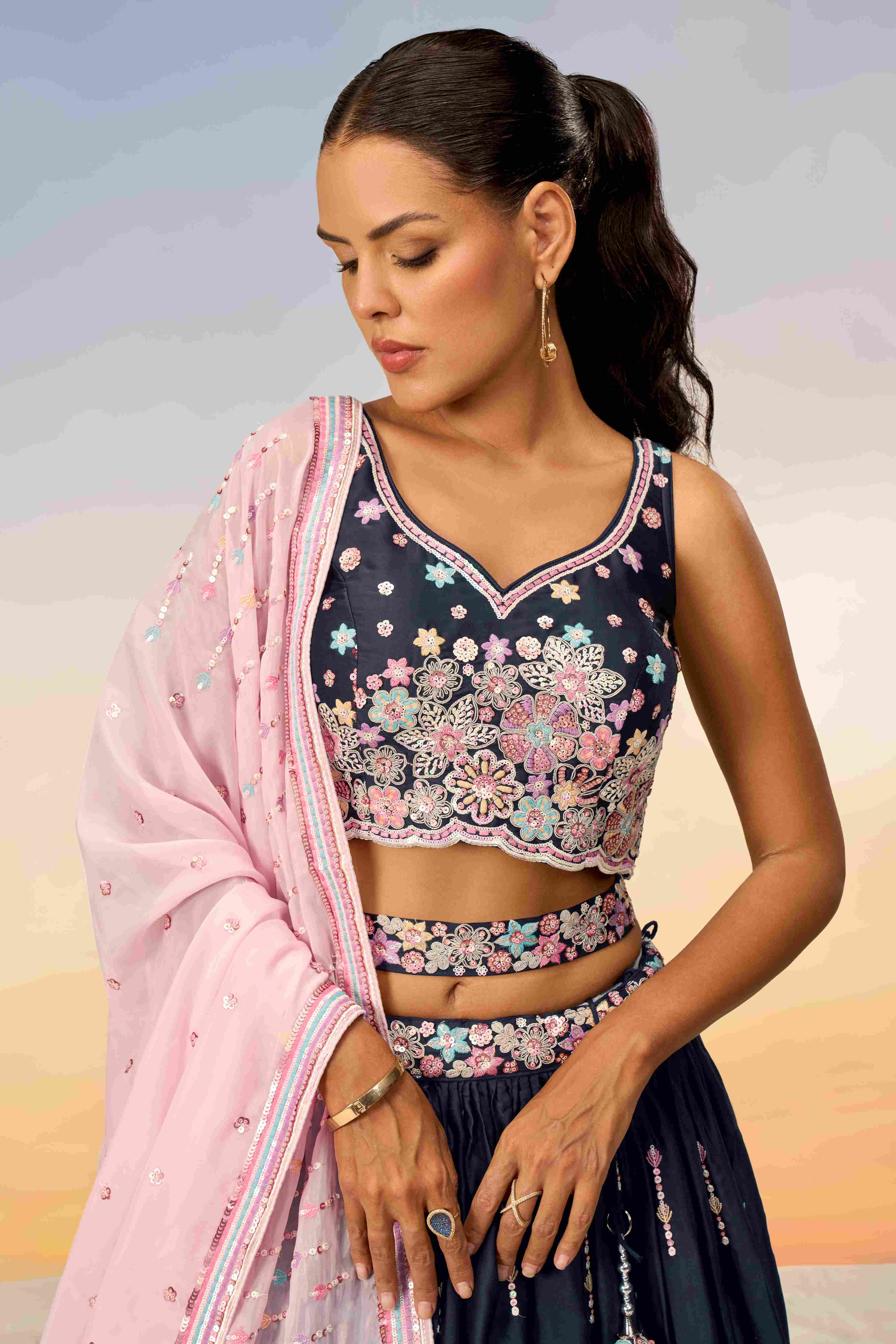 Navy Blue Satin Embroidered Lehenga Choli