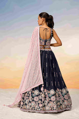 Navy Blue Satin Embroidered Lehenga Choli