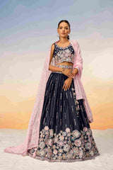 Navy Blue Satin Embroidered Lehenga Choli