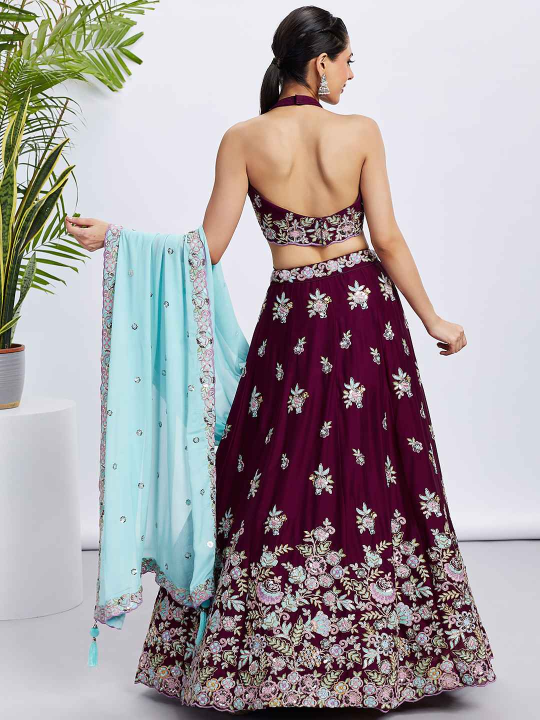 Burgundy Georgette Embroidered Lehenga Choli