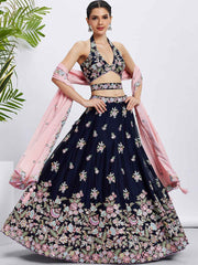 Navy Blue Georgette Embroidered Lehenga Choli