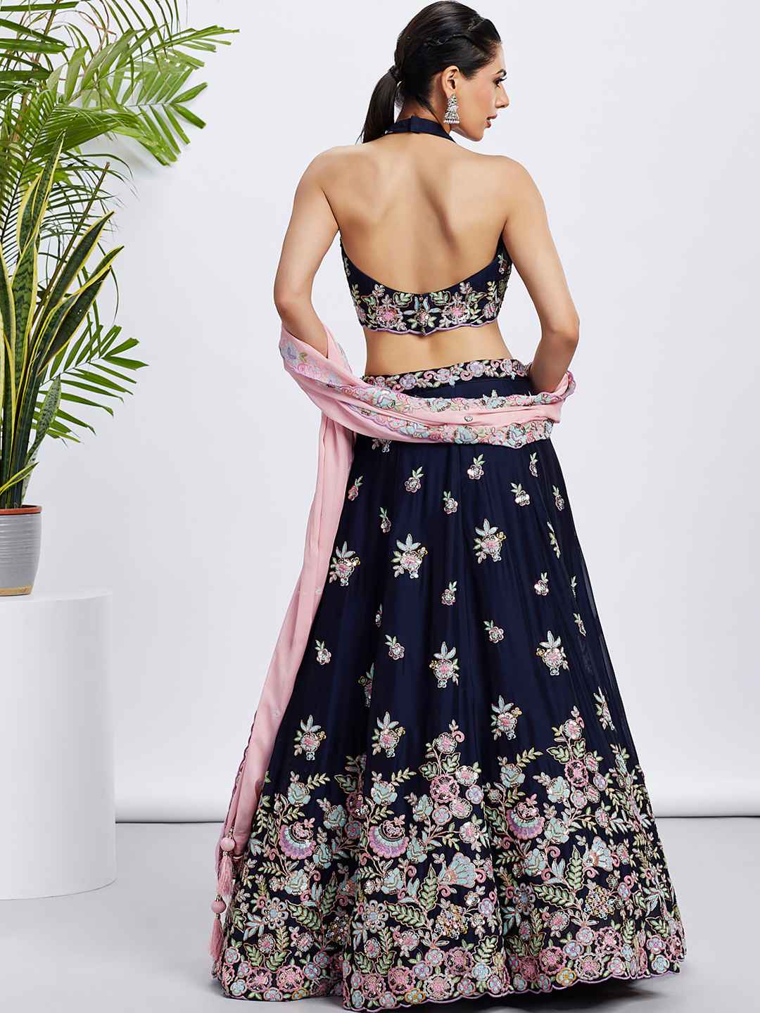 Navy Blue Georgette Embroidered Lehenga Choli