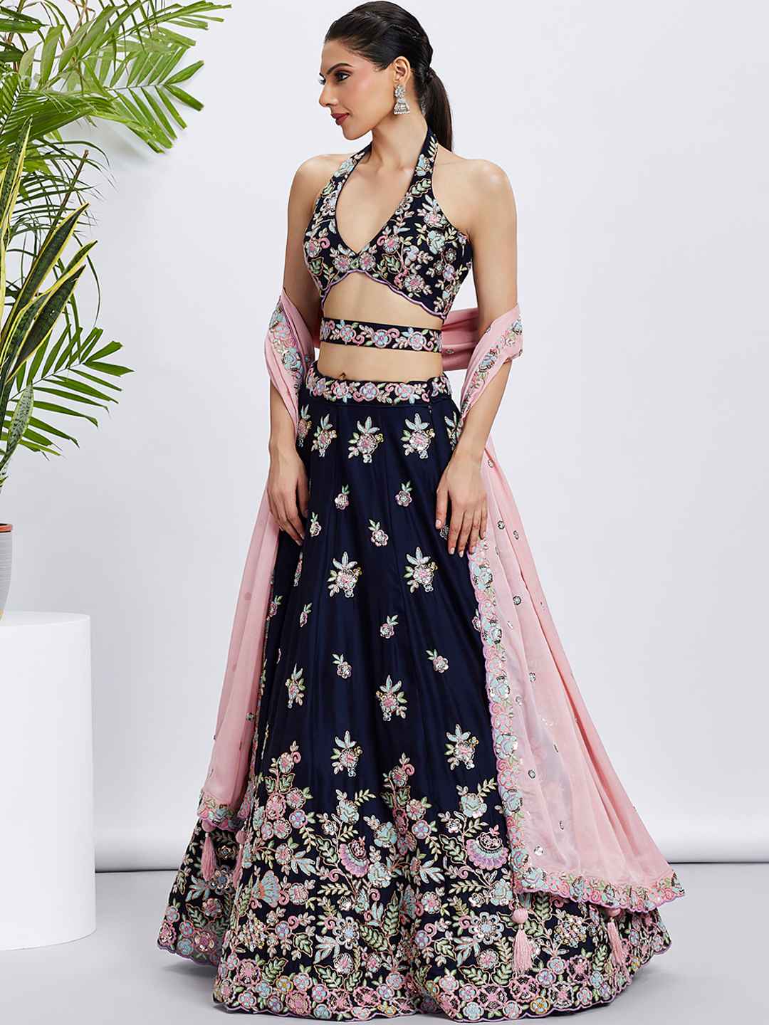 Navy Blue Georgette Embroidered Lehenga Choli