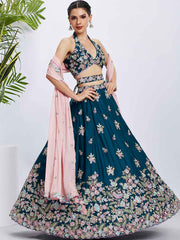 Teal Georgette Embroidered Lehenga Choli