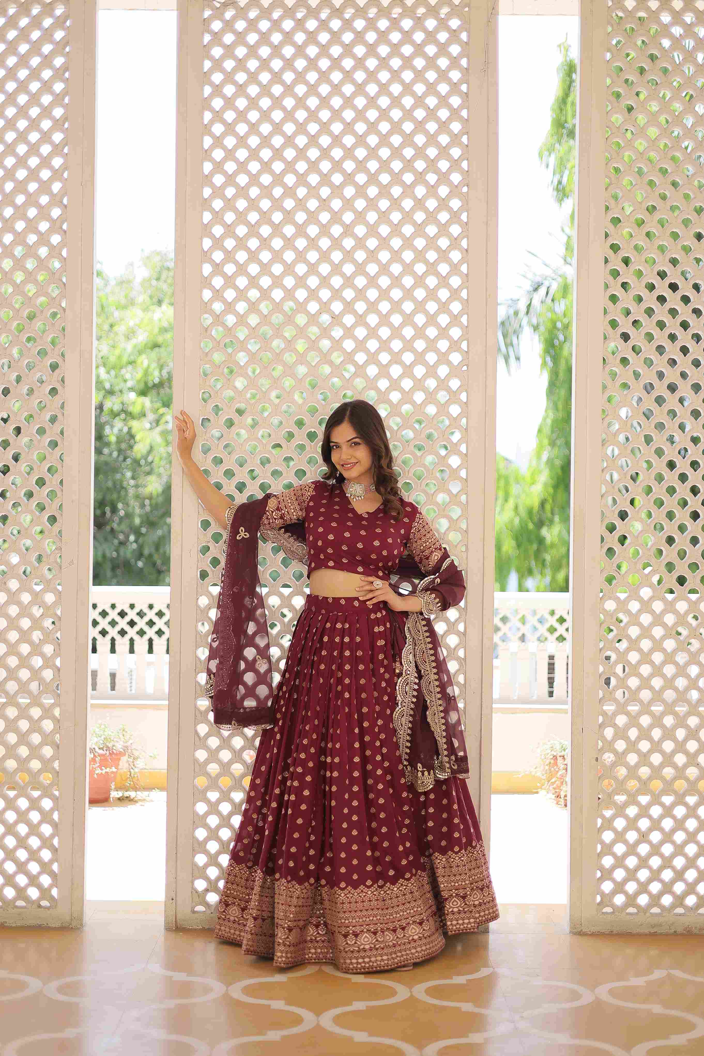 Wine Viscose Jacquard Woven Embroidered Lehenga Choli