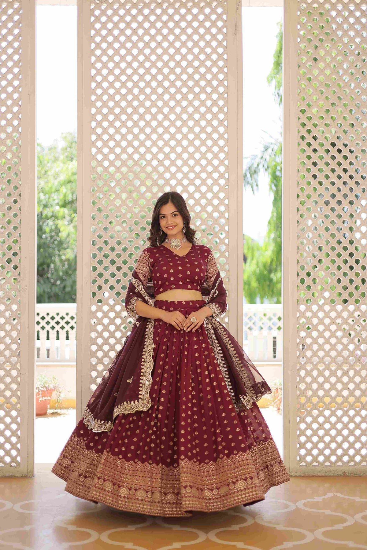 Wine Viscose Jacquard Woven Embroidered Lehenga Choli