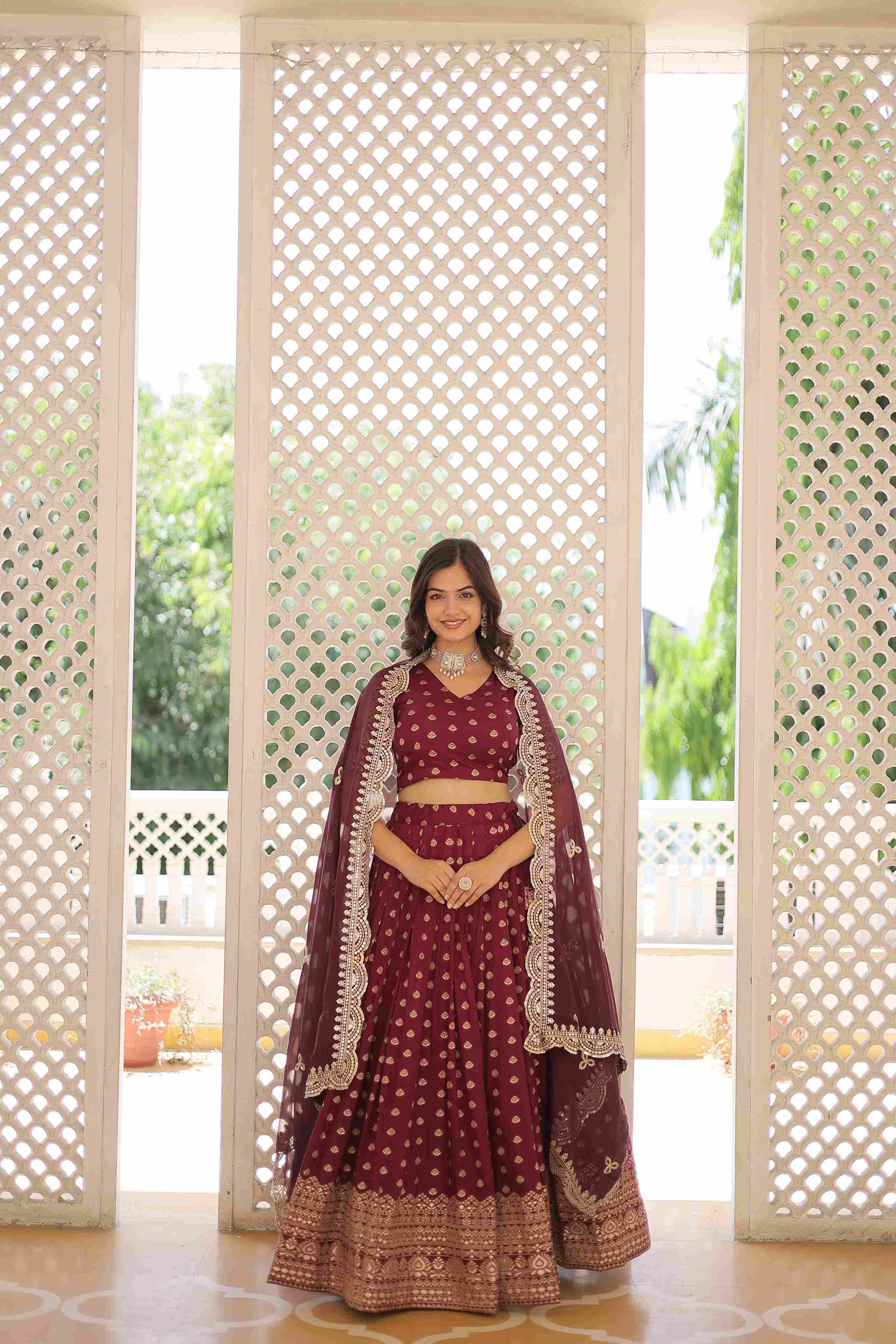 Wine Viscose Jacquard Woven Embroidered Lehenga Choli