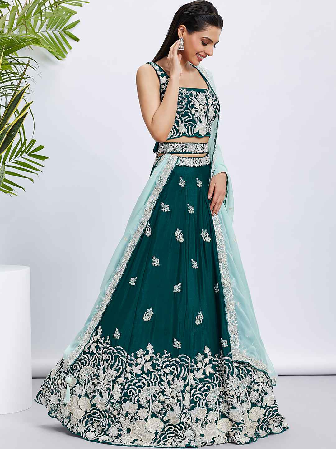 Green Georgette Embroidered Lehenga Choli