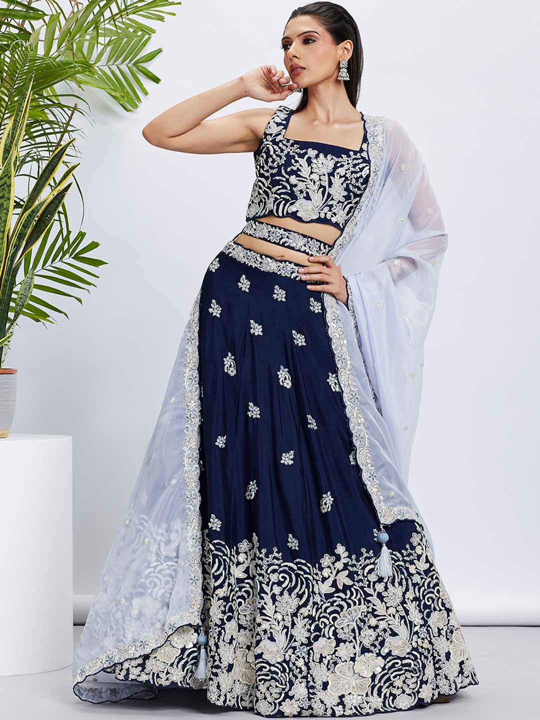 Navy Blue Georgette Embroidered Lehenga Choli