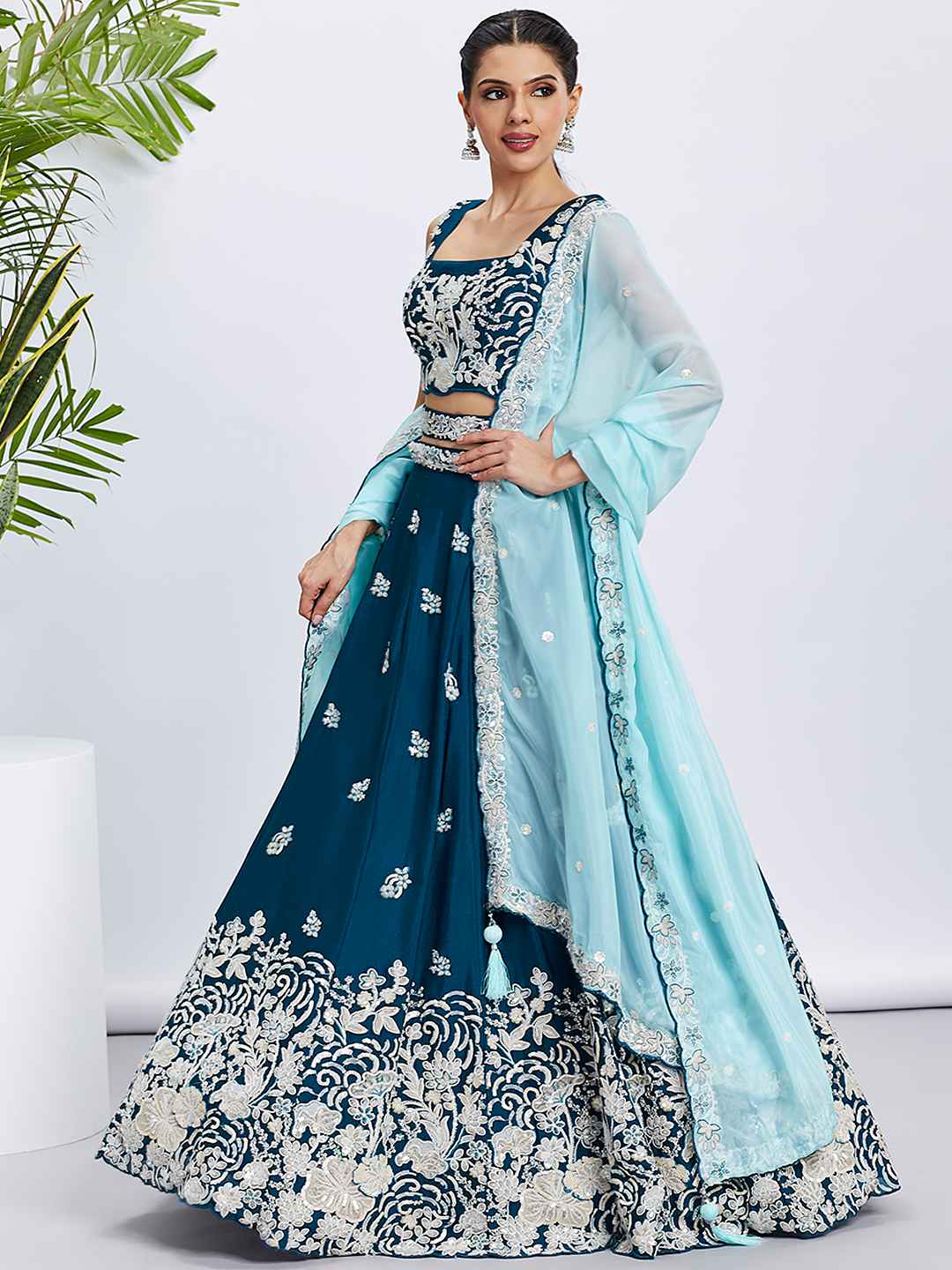 Teal Georgette Embroidered Lehenga Choli