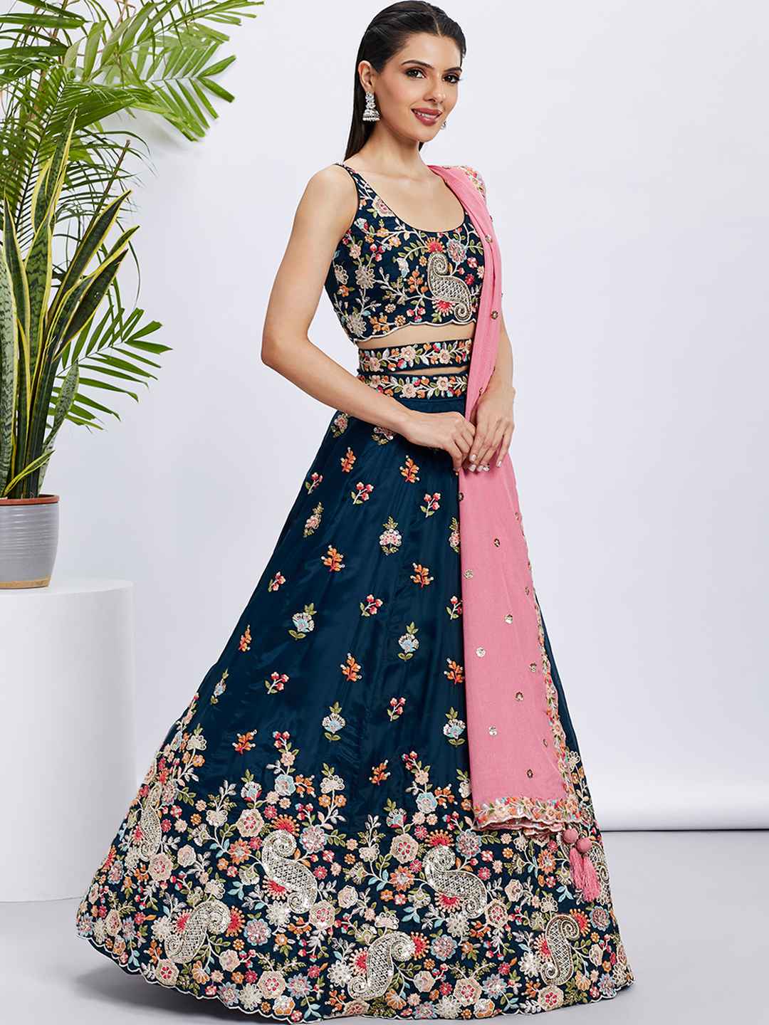 Navy Blue Organza Embroidered Lehenga Choli