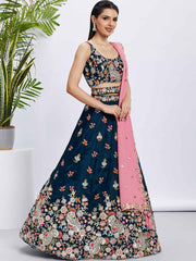 Navy Blue Organza Embroidered Lehenga Choli