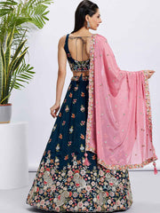 Navy Blue Organza Embroidered Lehenga Choli