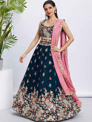 Navy Blue Organza Embroidered Lehenga Choli