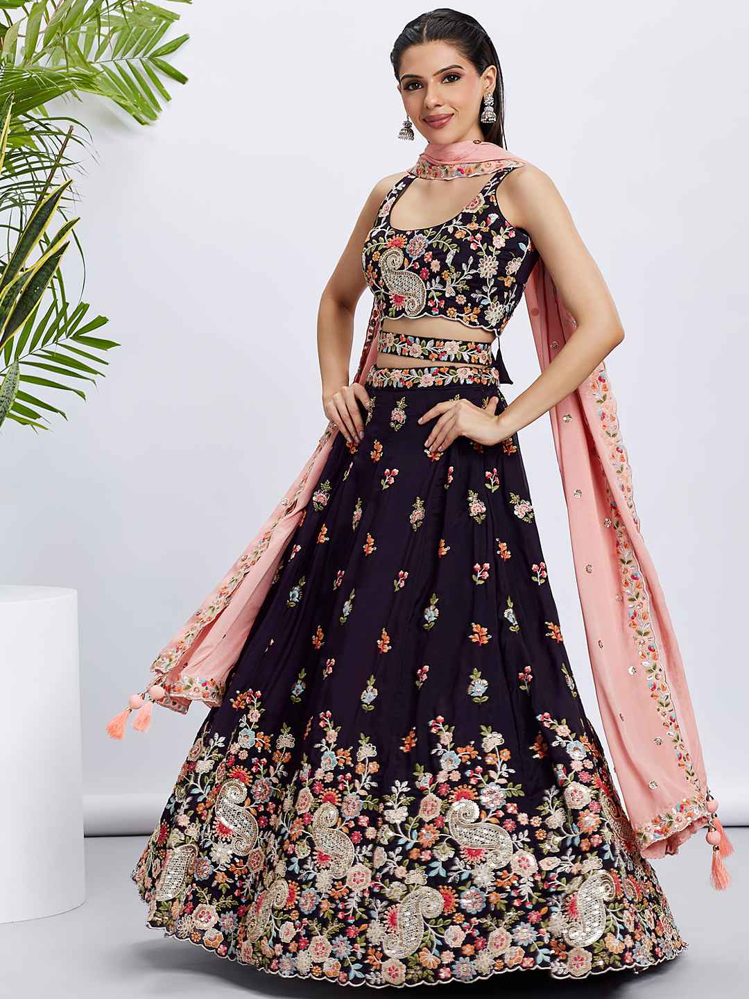 Magenta Organza Embroidered Lehenga Choli