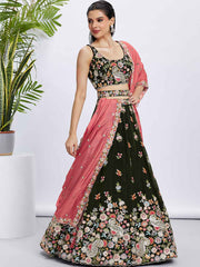 Olive Organza Embroidered Lehenga Choli