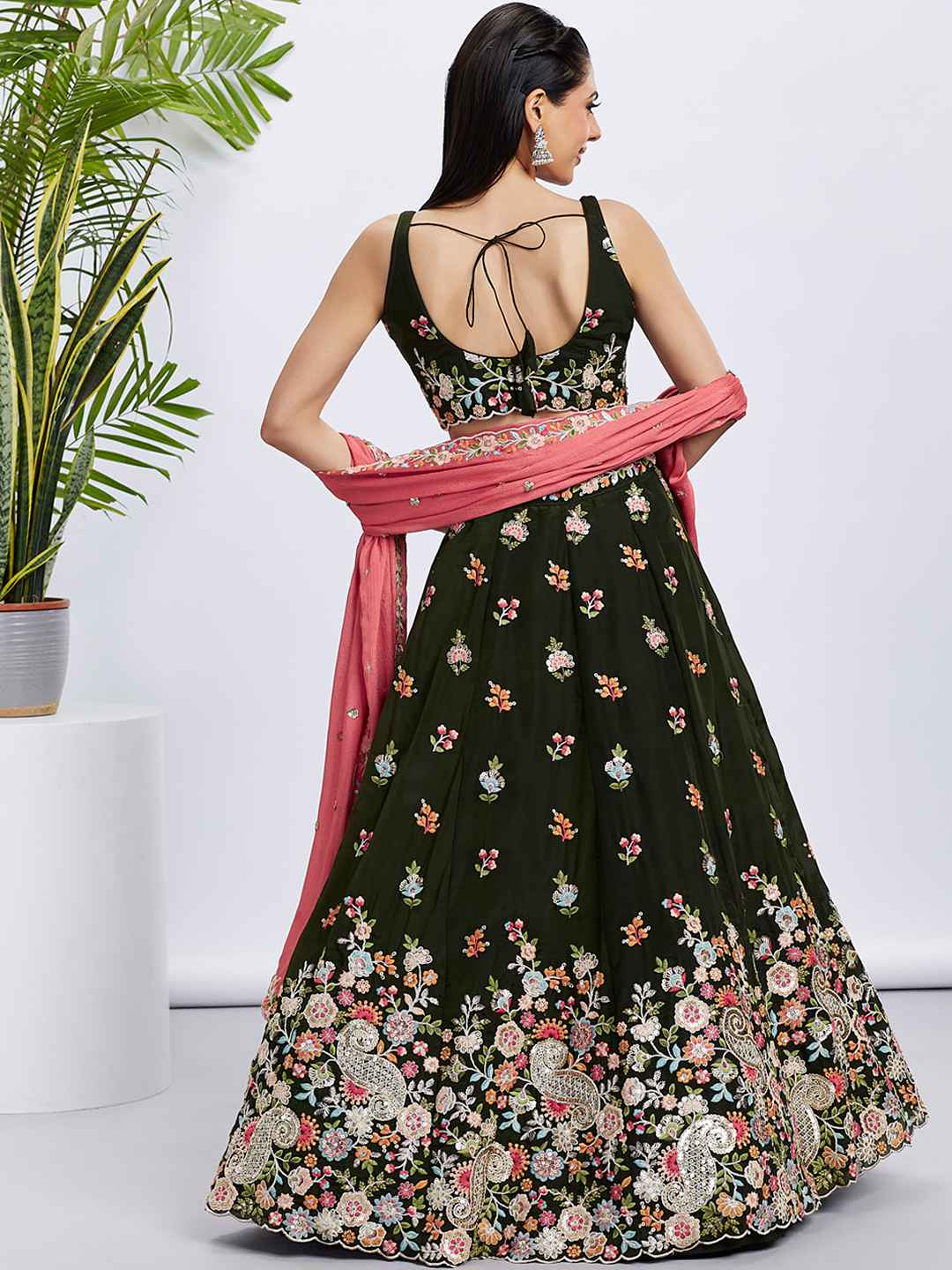 Olive Organza Embroidered Lehenga Choli