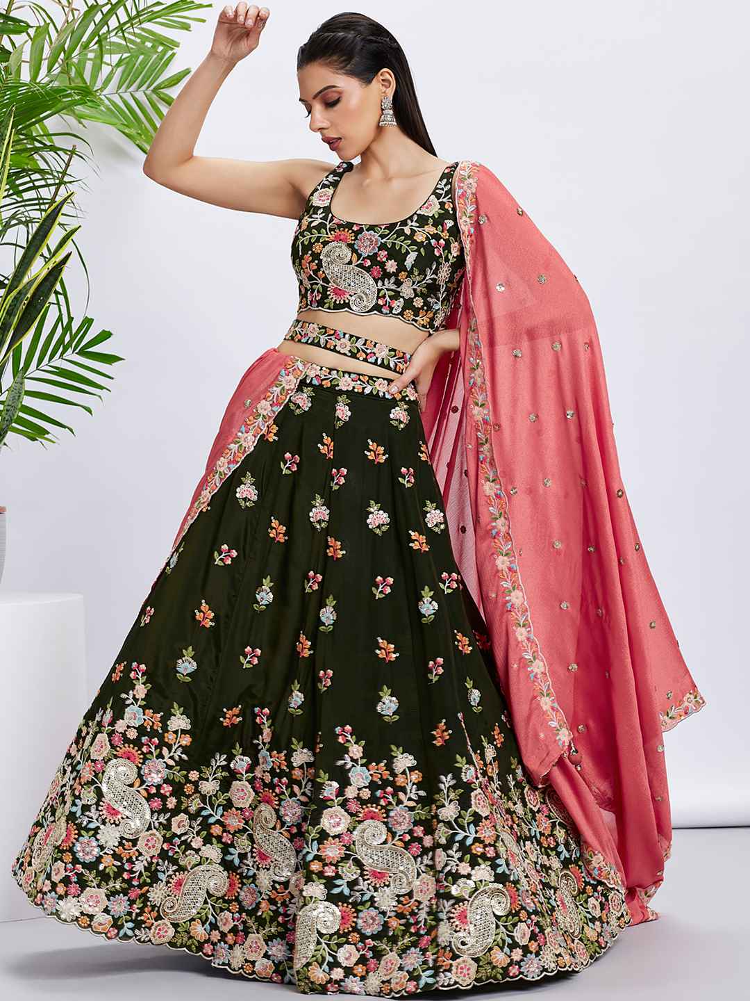 Olive Organza Embroidered Lehenga Choli