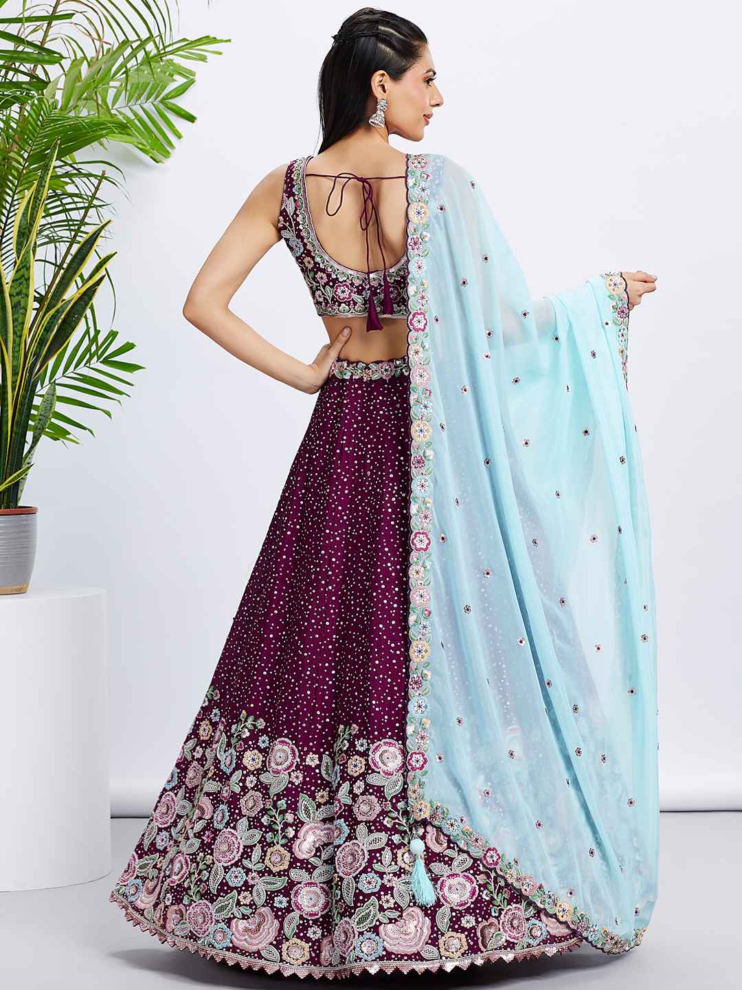 Burgundy Chiffon Embroidered Lehenga Choli