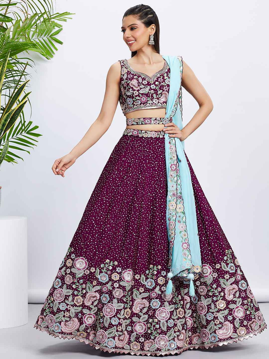 Burgundy Chiffon Embroidered Lehenga Choli