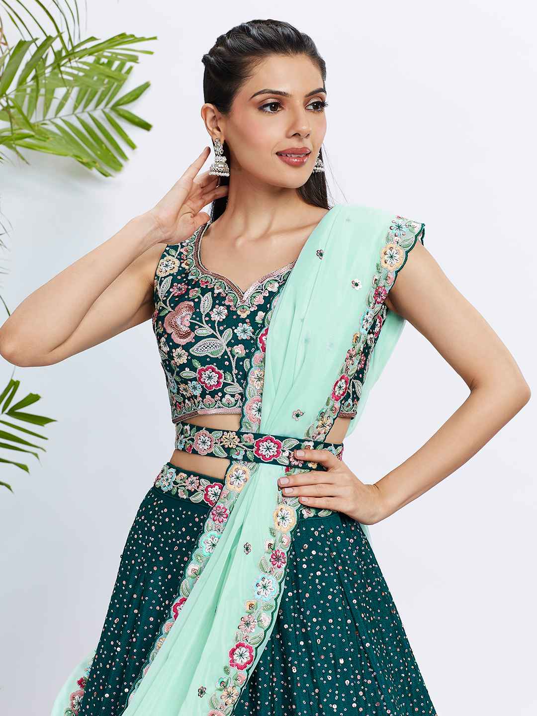 Green Chiffon Embroidered Lehenga Choli