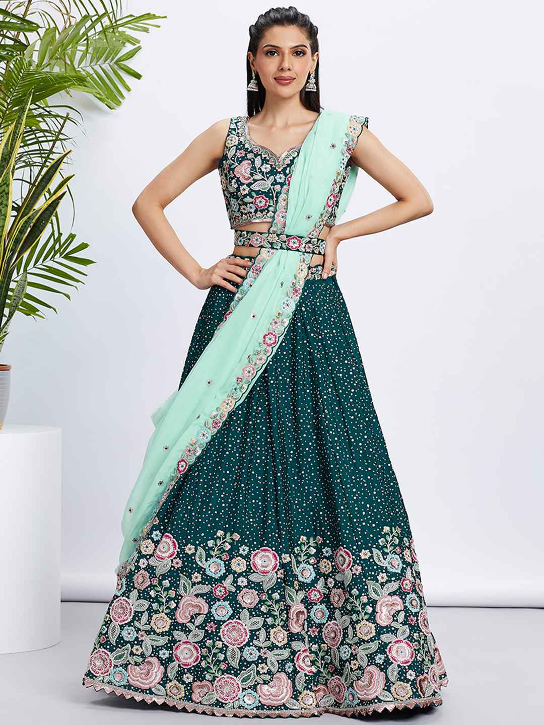 Green Chiffon Embroidered Lehenga Choli