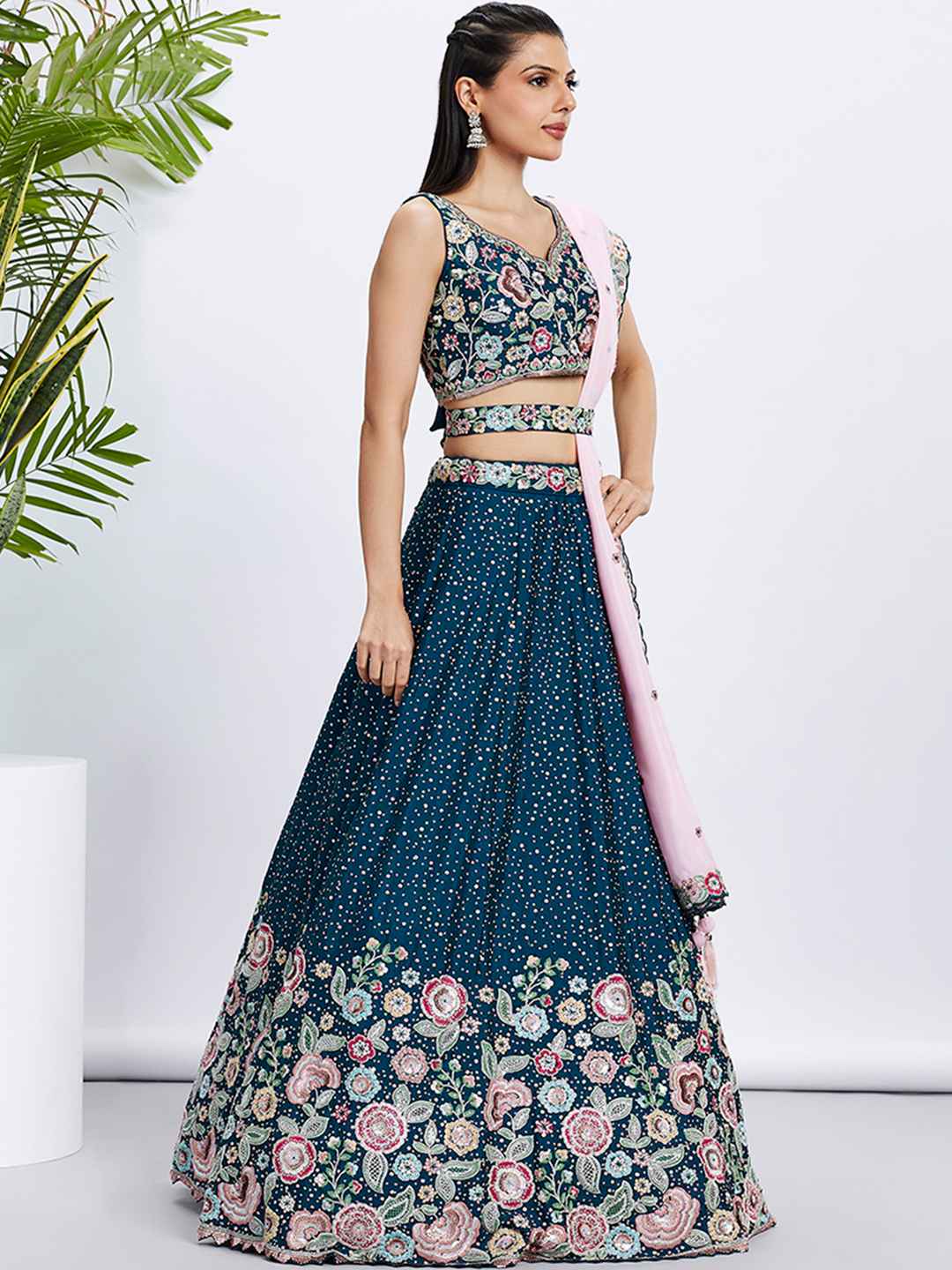 Navy Blue Chiffon Embroidered Lehenga Choli