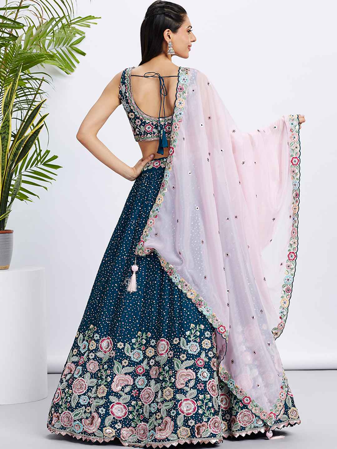 Navy Blue Chiffon Embroidered Lehenga Choli