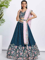 Navy Blue Chiffon Embroidered Lehenga Choli