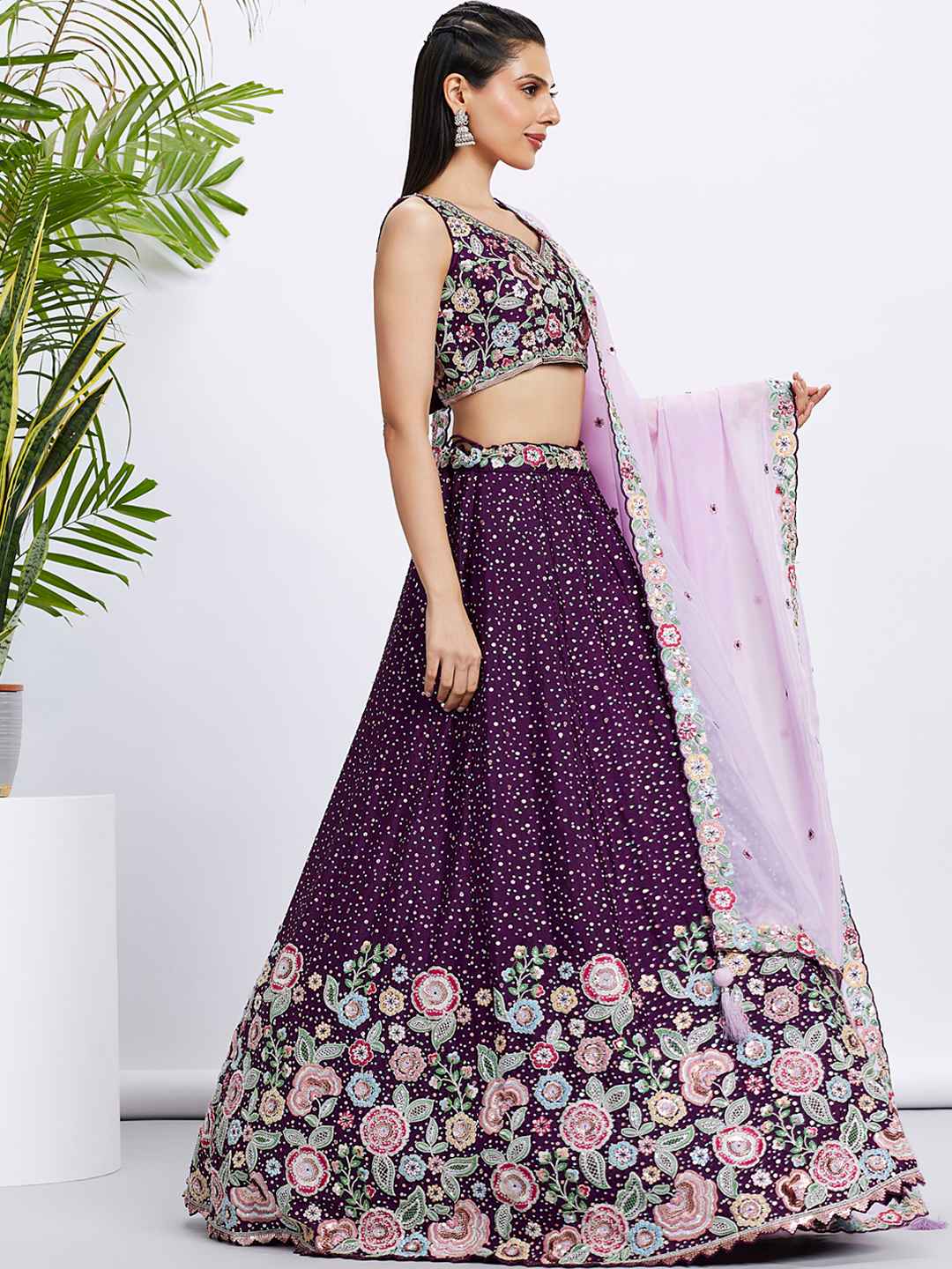 Purple Chiffon Embroidered Lehenga Choli