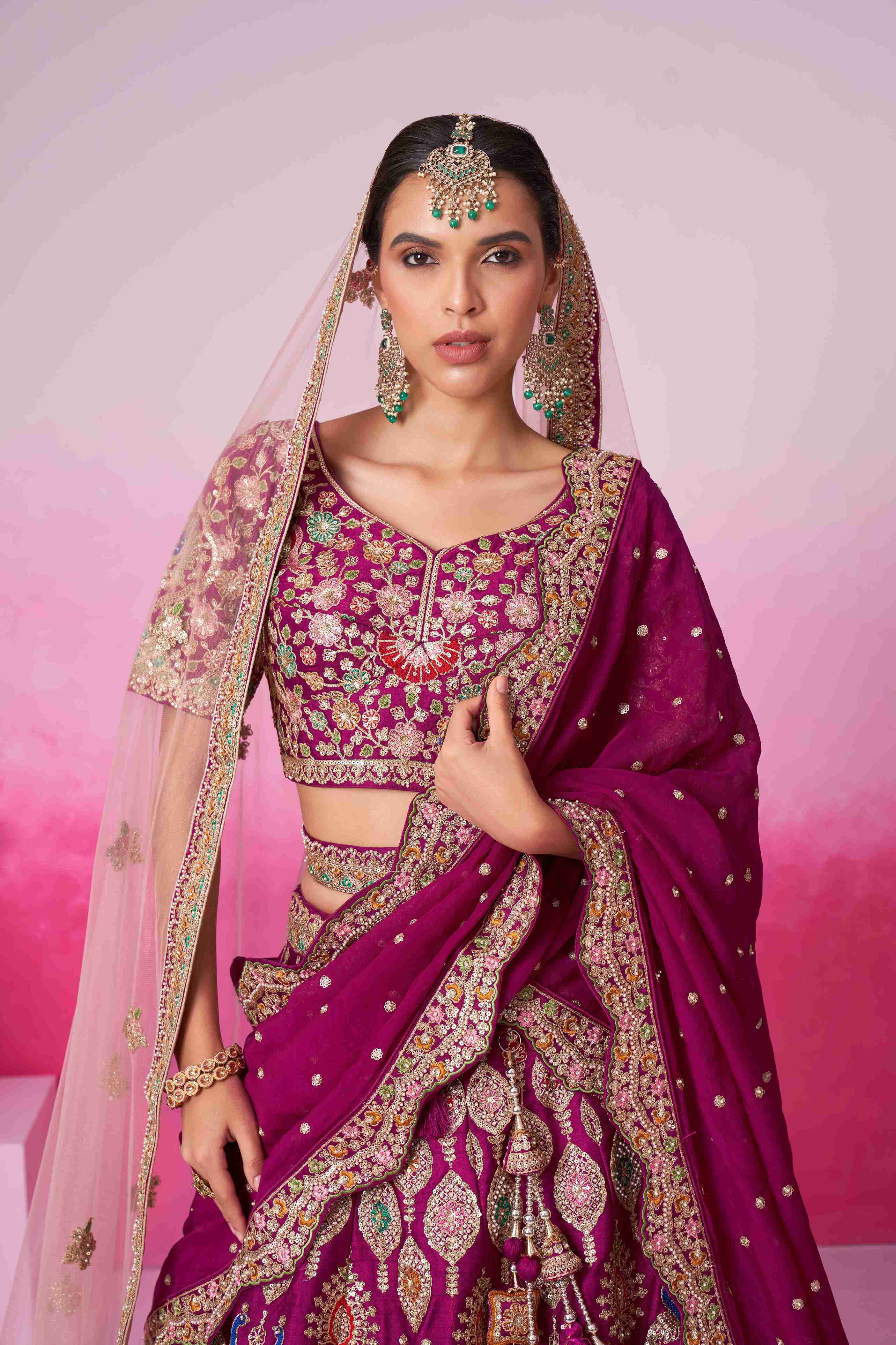 Burgundy Silk Coding Sequins Embroidered Bridal Lehenga Choli