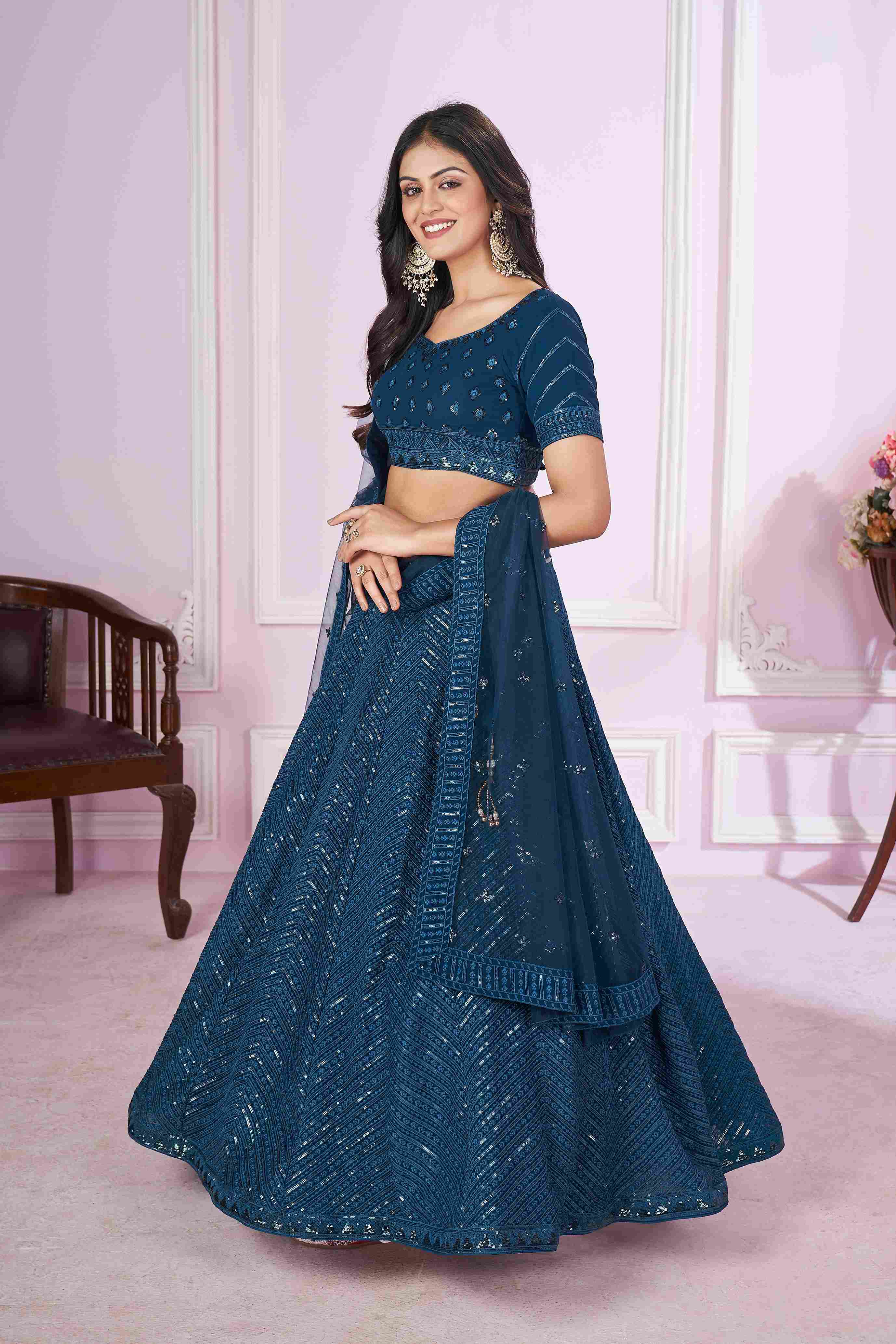 Blue Georgette Sequins Embroidered Lehenga Choli