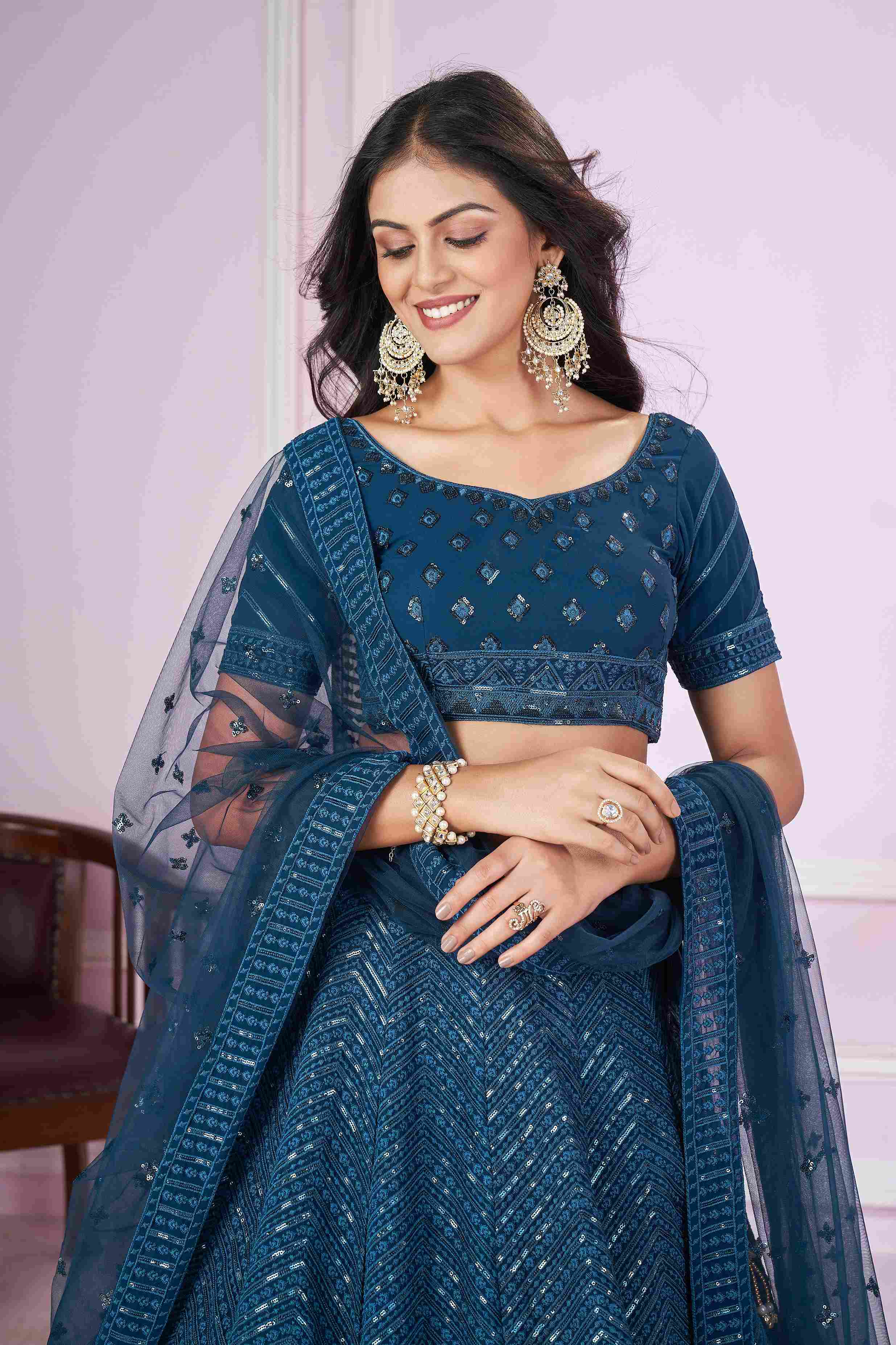 Blue Georgette Sequins Embroidered Lehenga Choli