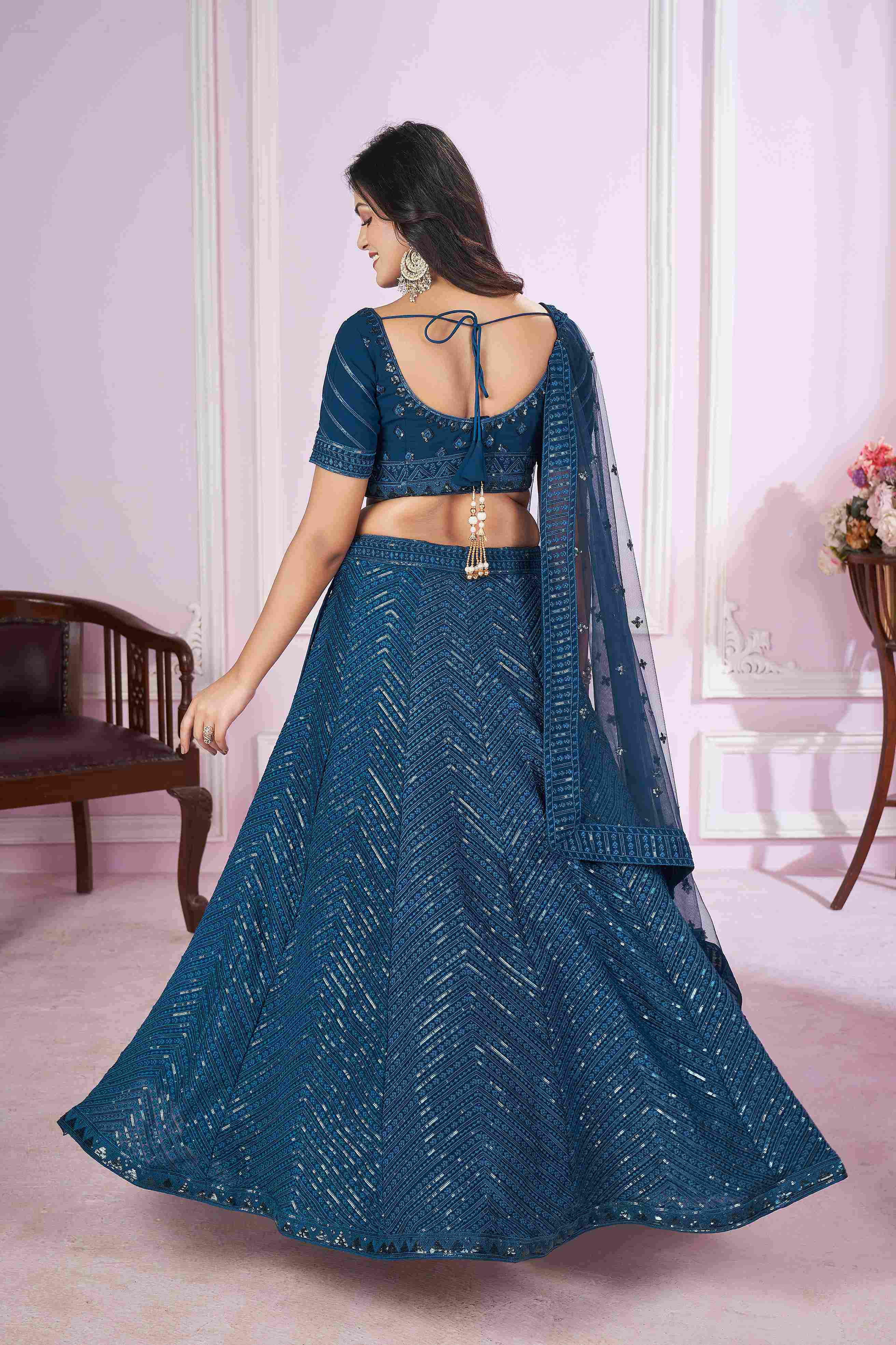 Blue Georgette Sequins Embroidered Lehenga Choli