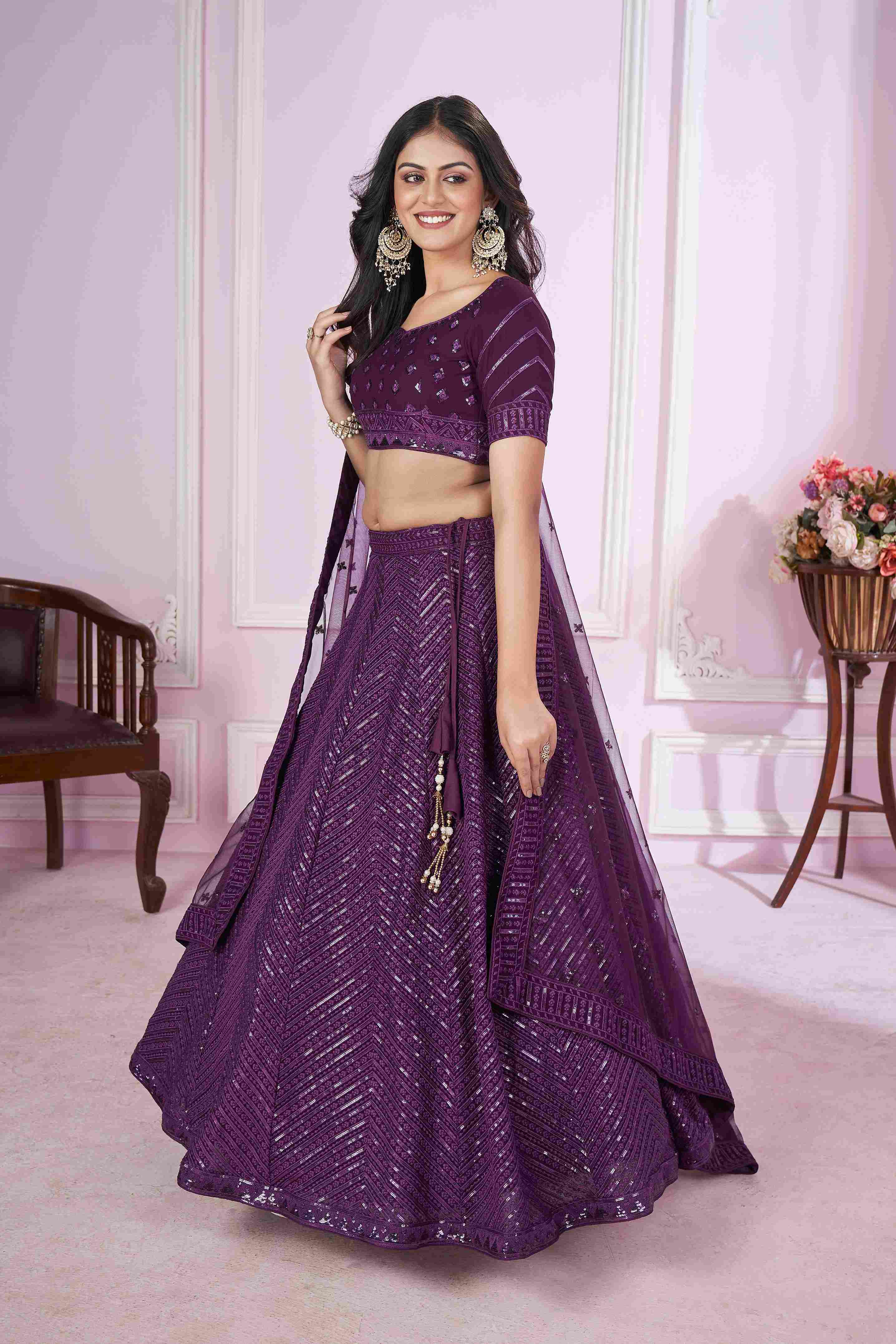 Purple Georgette Sequins Embroidered Lehenga Choli