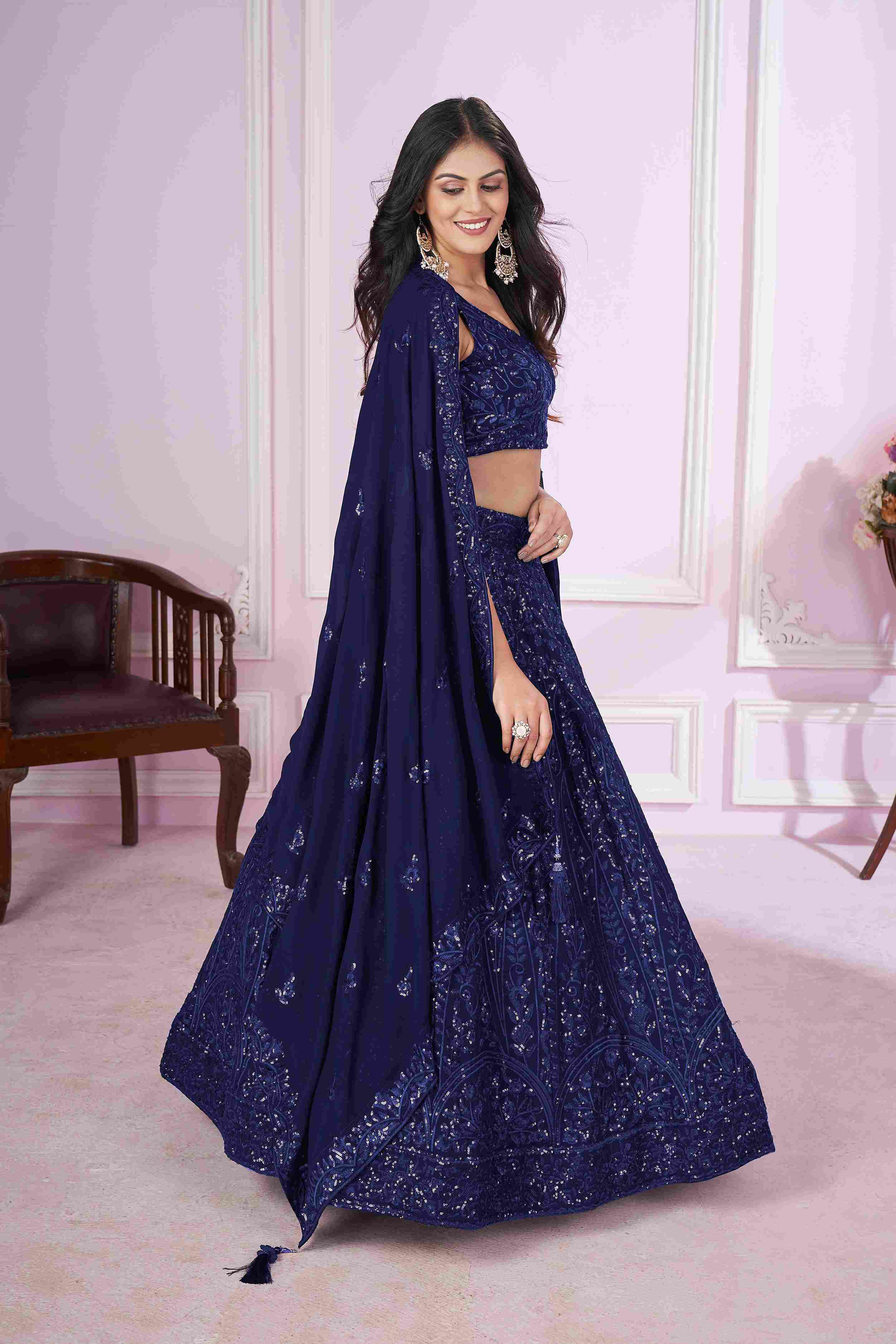 Blue Georgette Sequins Embroidered Lehenga Choli