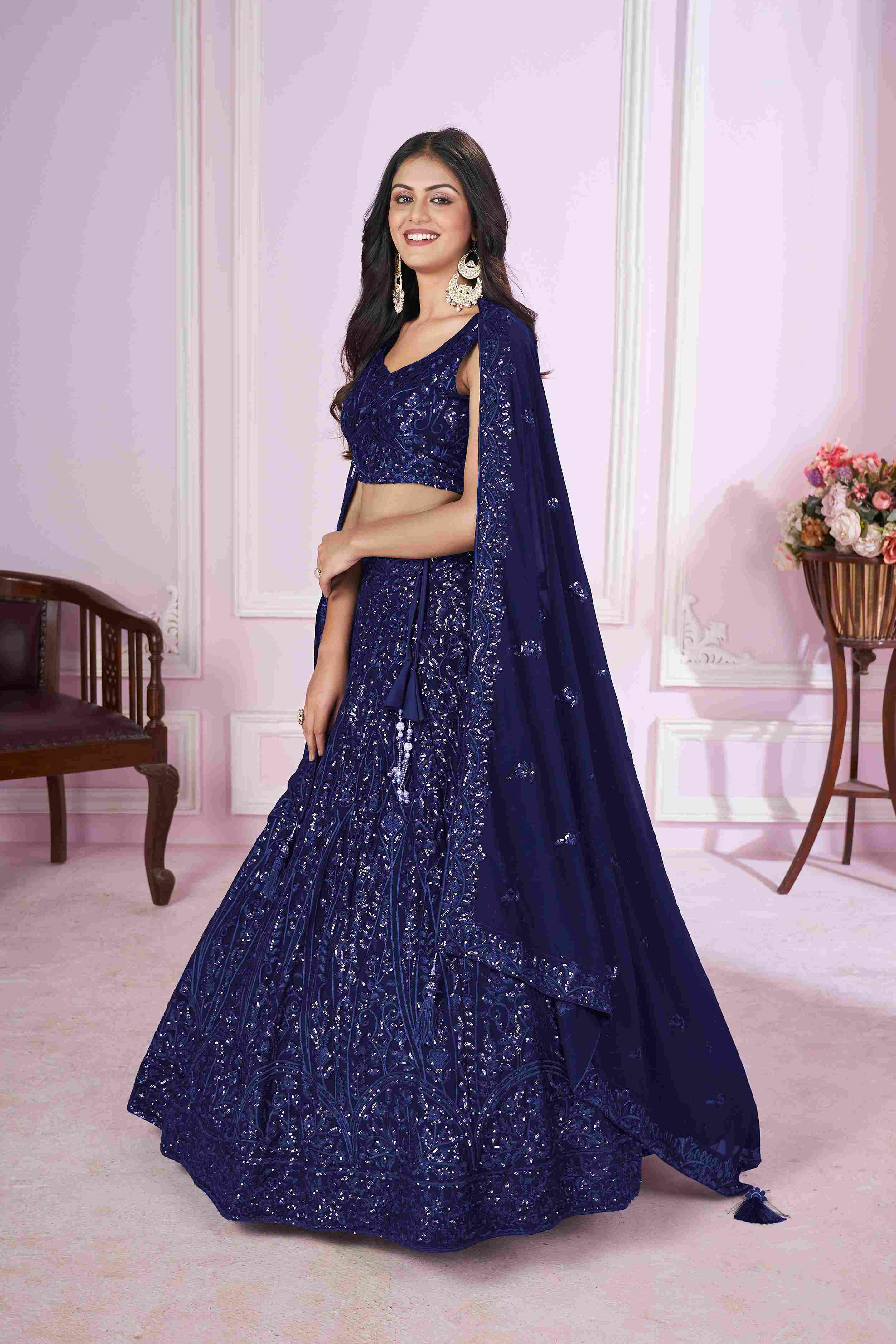 Blue Georgette Sequins Embroidered Lehenga Choli