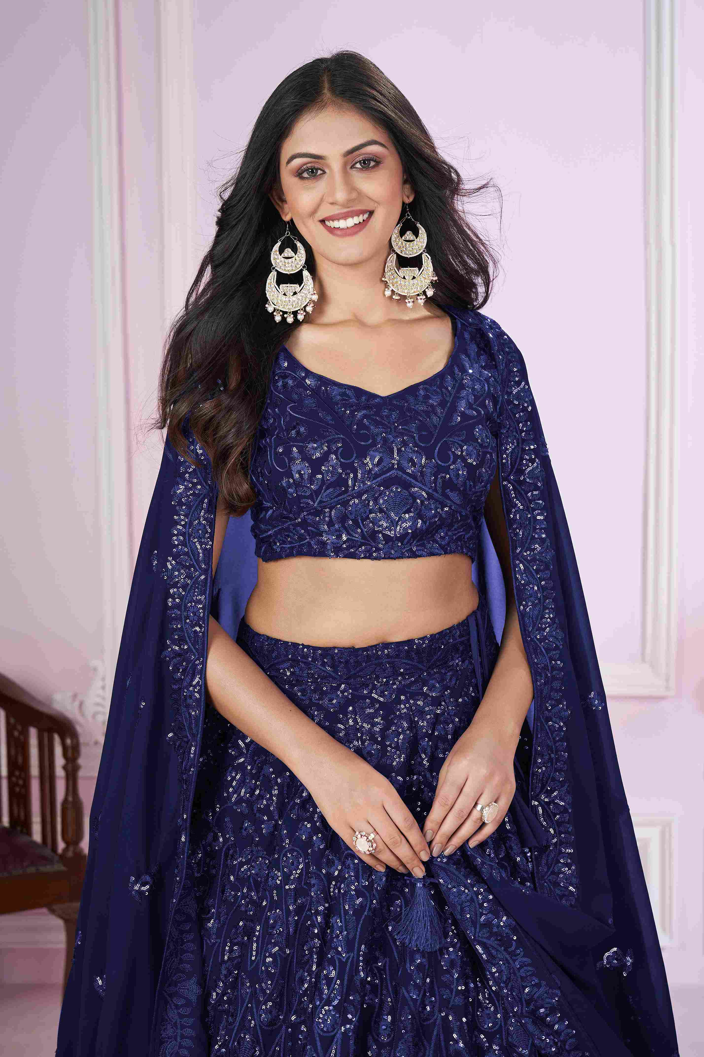 Blue Georgette Sequins Embroidered Lehenga Choli