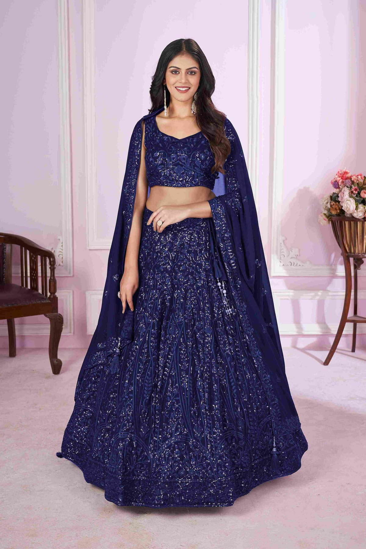 Blue Georgette Sequins Embroidered Lehenga Choli