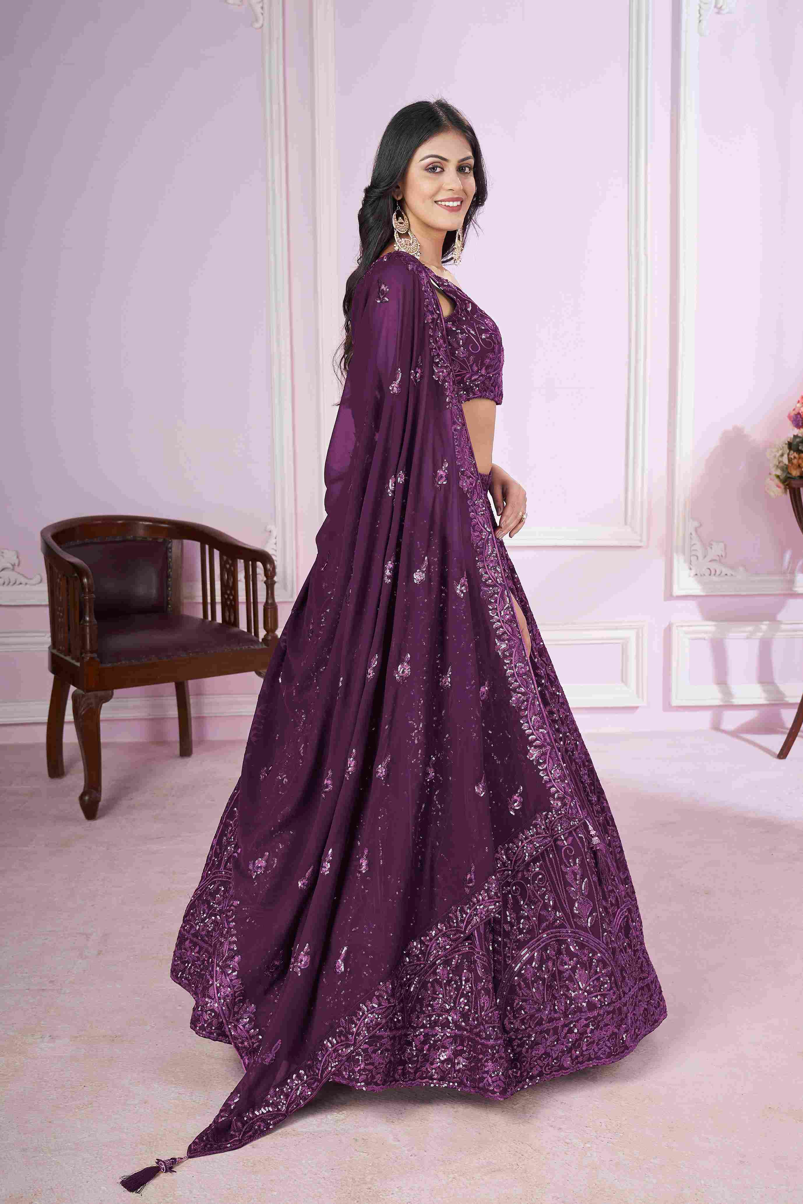 Purple Georgette Sequins Embroidered Lehenga Choli