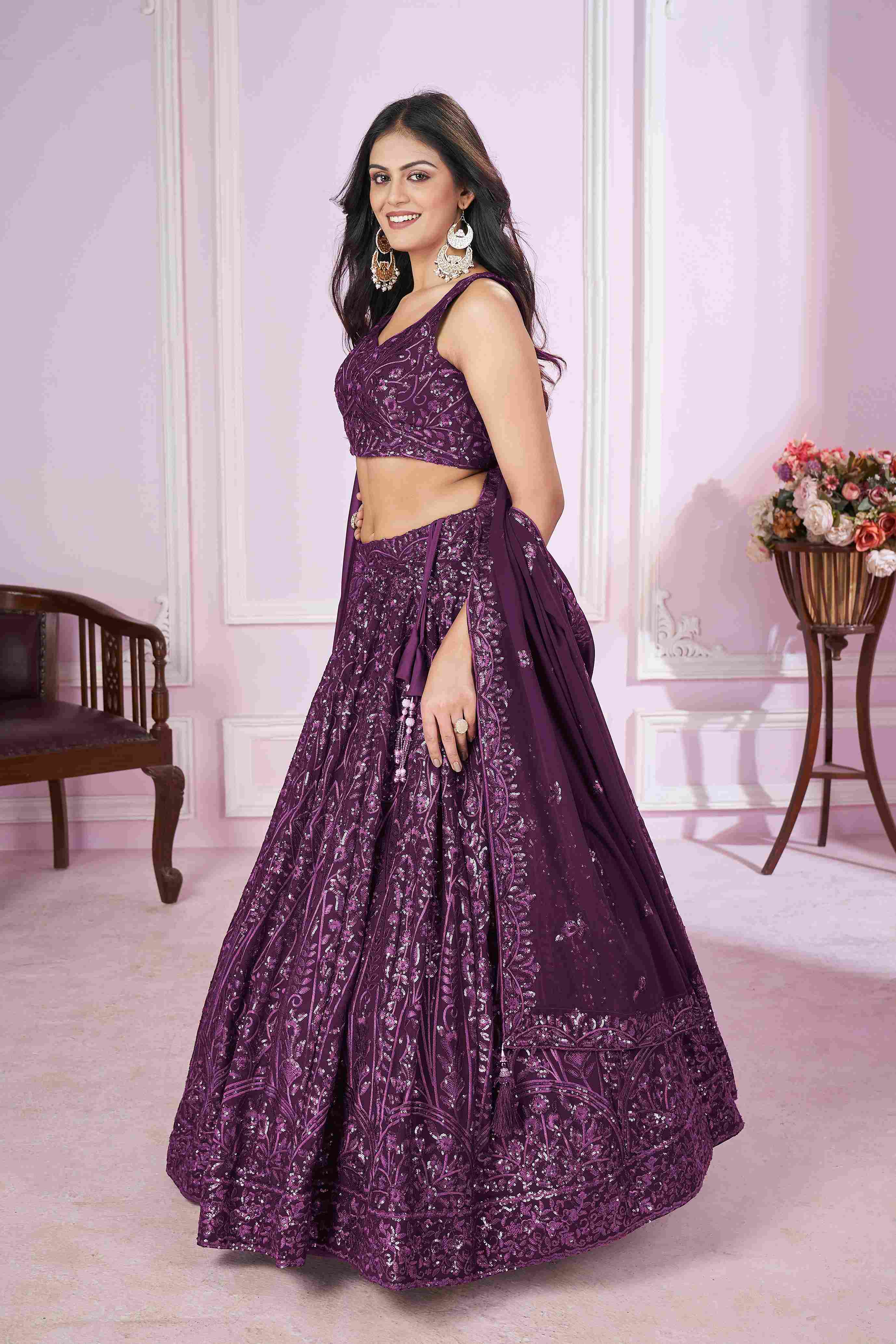 Purple Georgette Sequins Embroidered Lehenga Choli