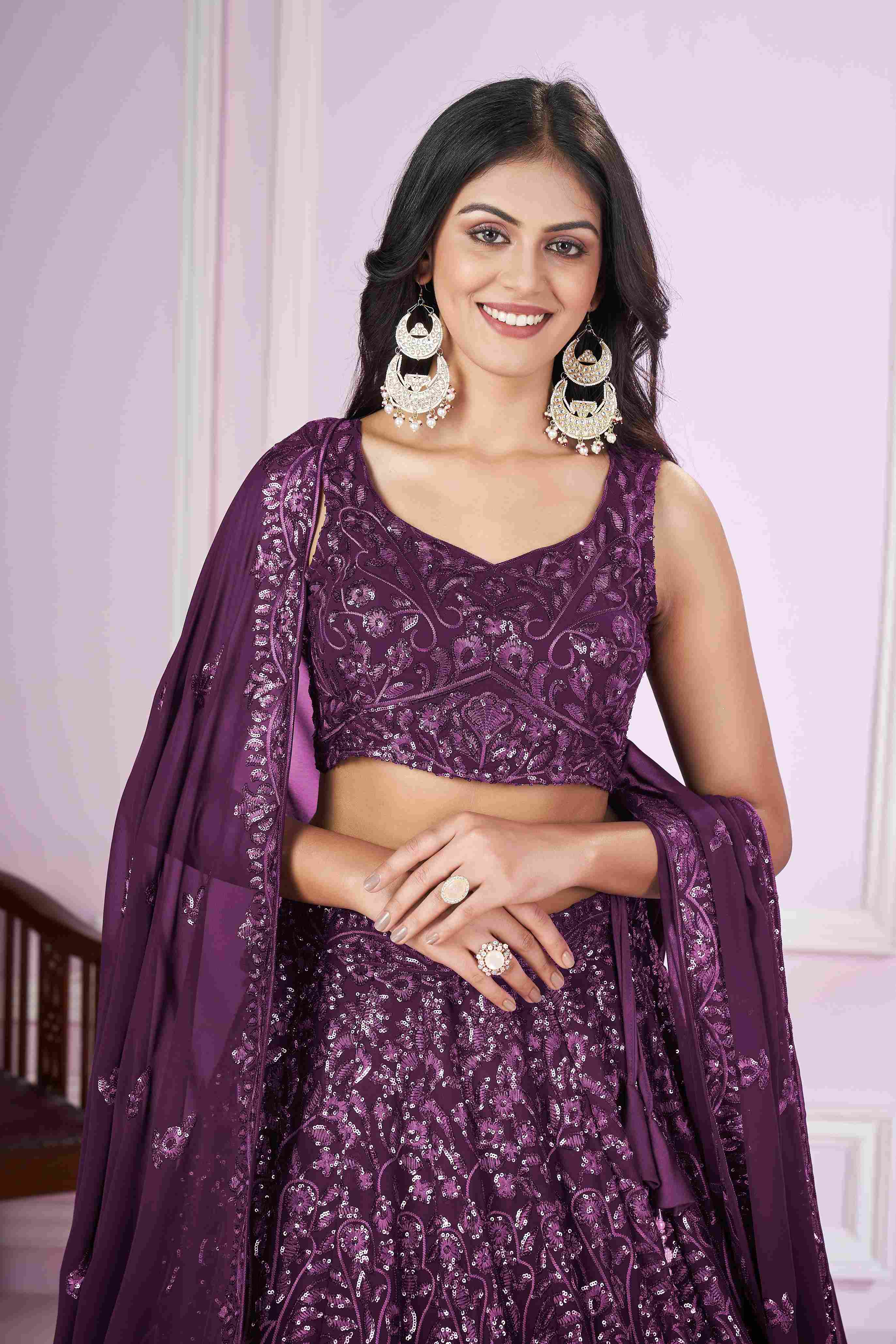 Purple Georgette Sequins Embroidered Lehenga Choli