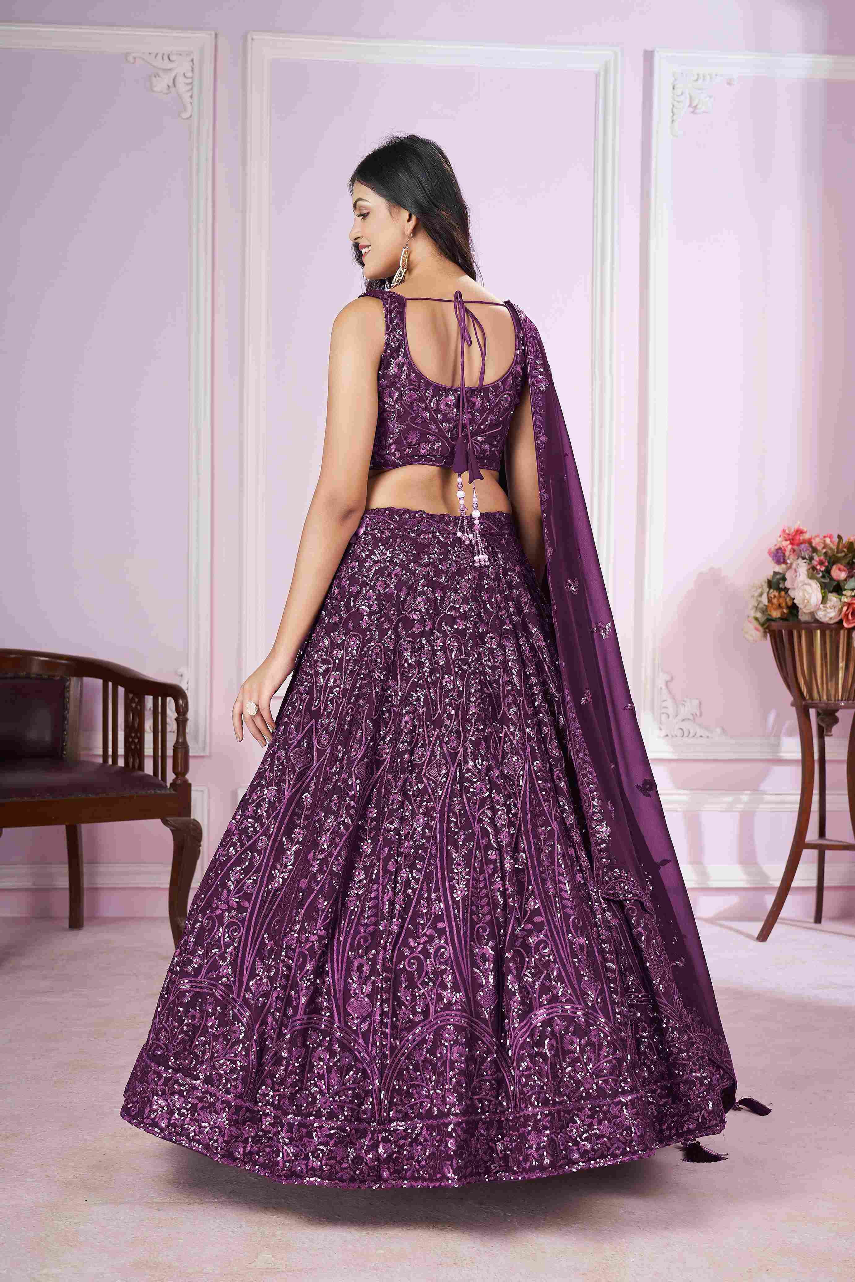 Purple Georgette Sequins Embroidered Lehenga Choli