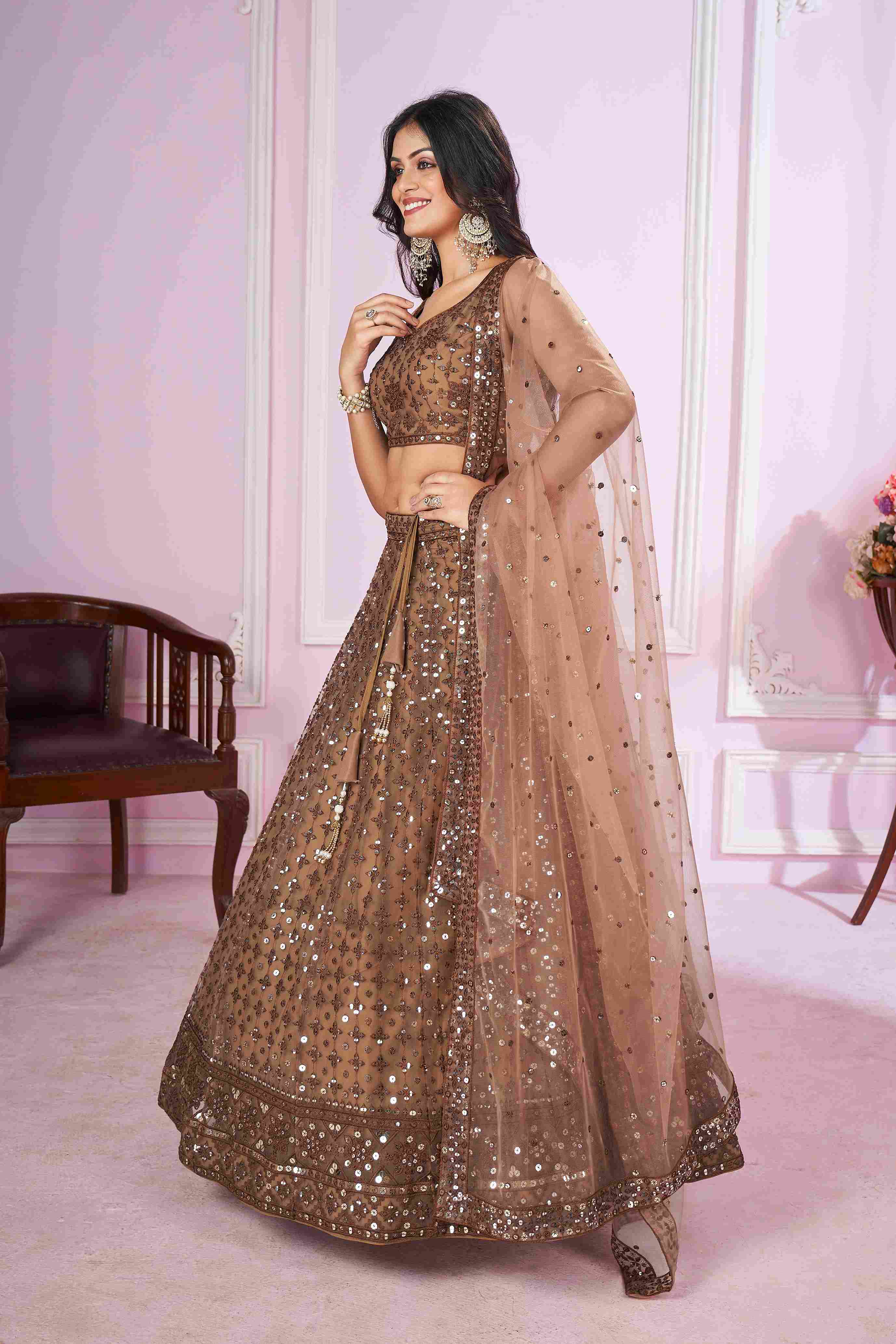 Brown Net Sequins Embroidered Lehenga Choli