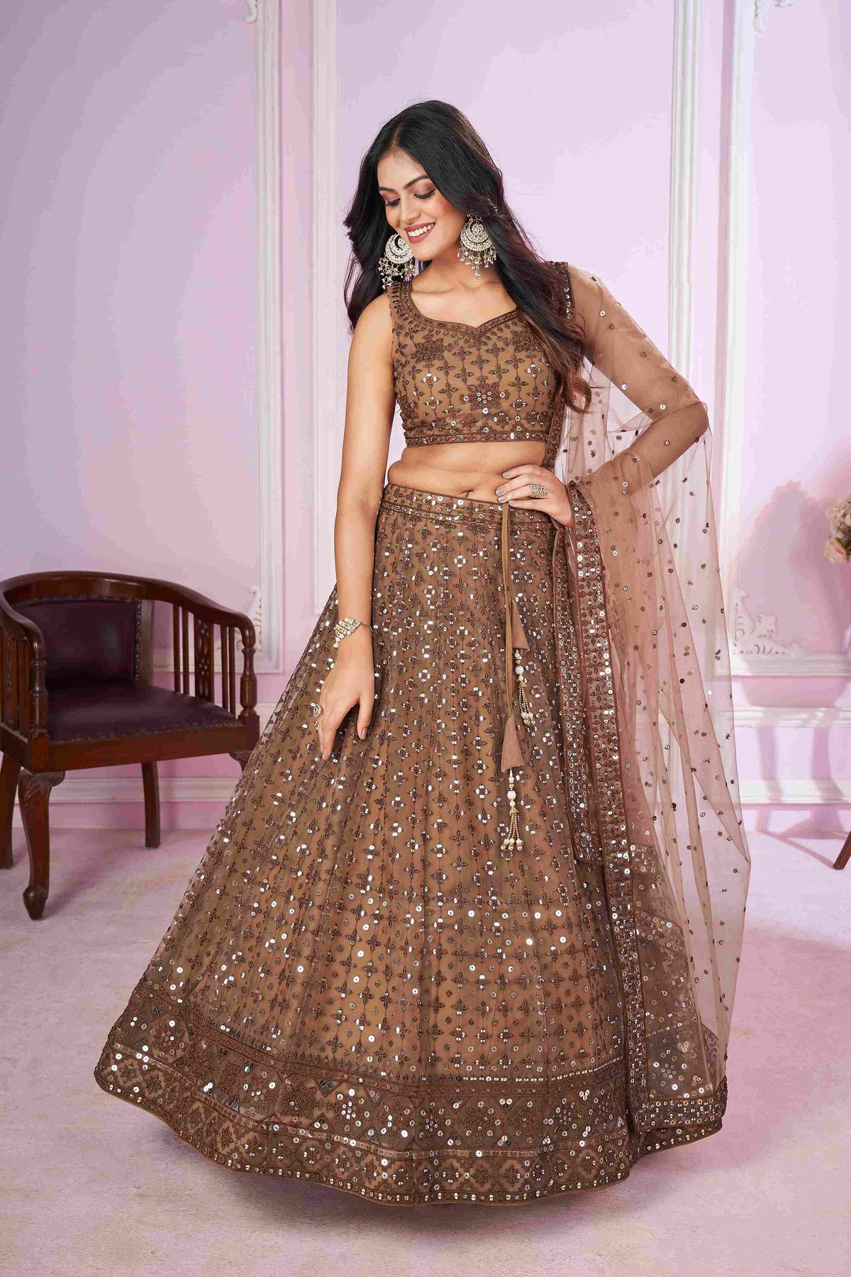 Brown Net Sequins Embroidered Lehenga Choli