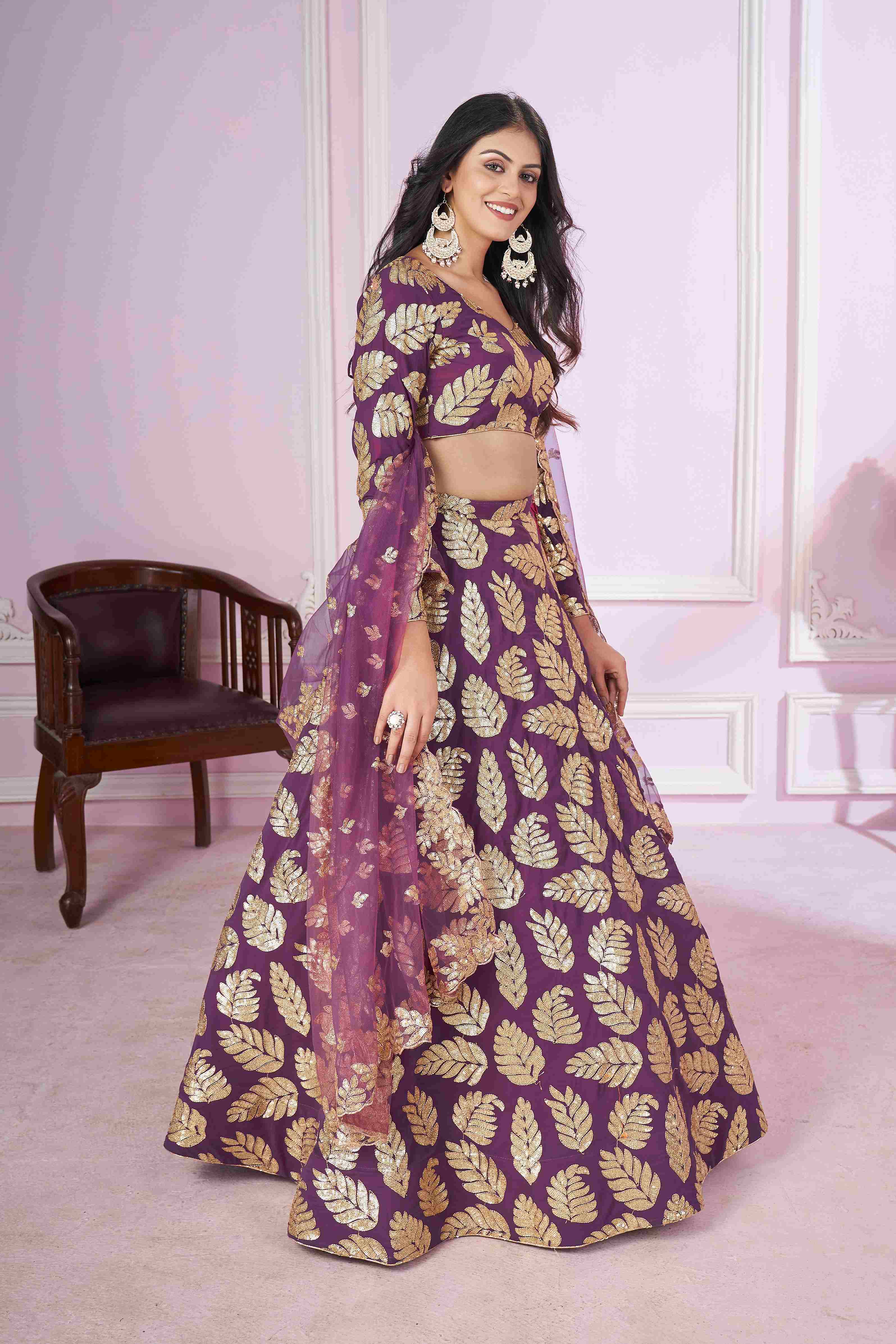 Purple Georgette Sequins Zari Embroidered Lehenga Choli