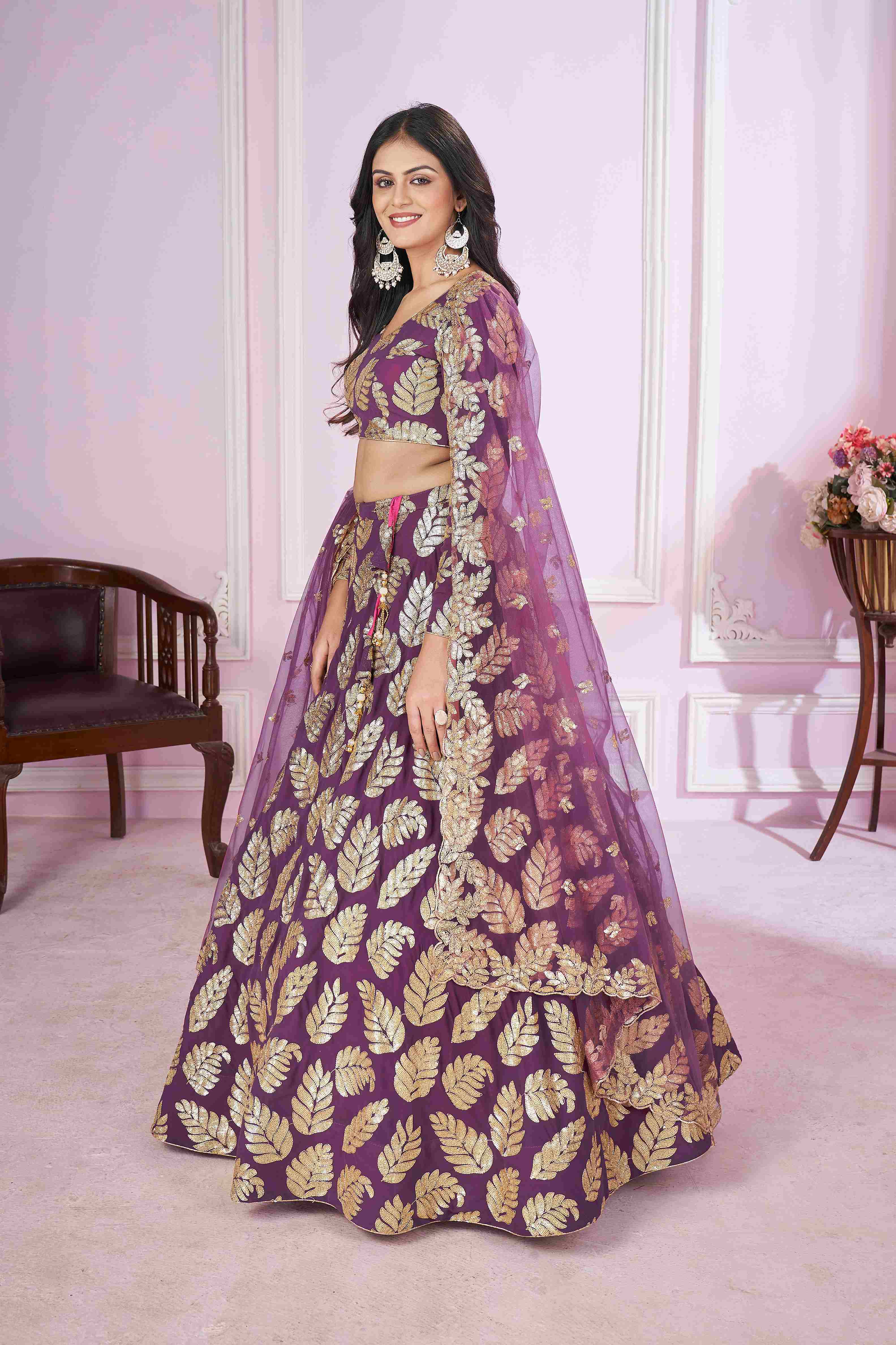 Purple Georgette Sequins Zari Embroidered Lehenga Choli